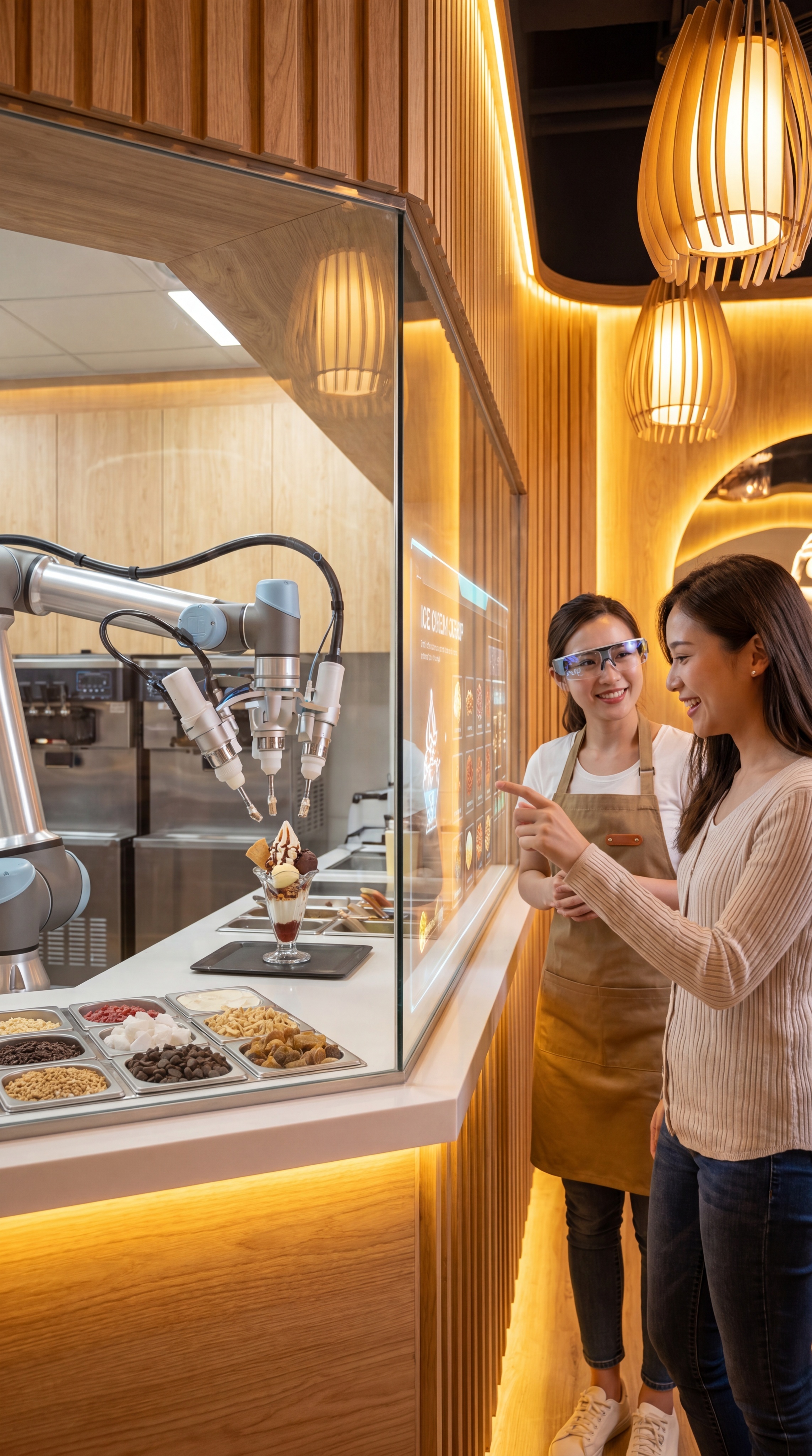 未来智能甜品店顾客互动场景，AI机械臂为顾客制作定制冰淇淋，店… - 图片创意预览