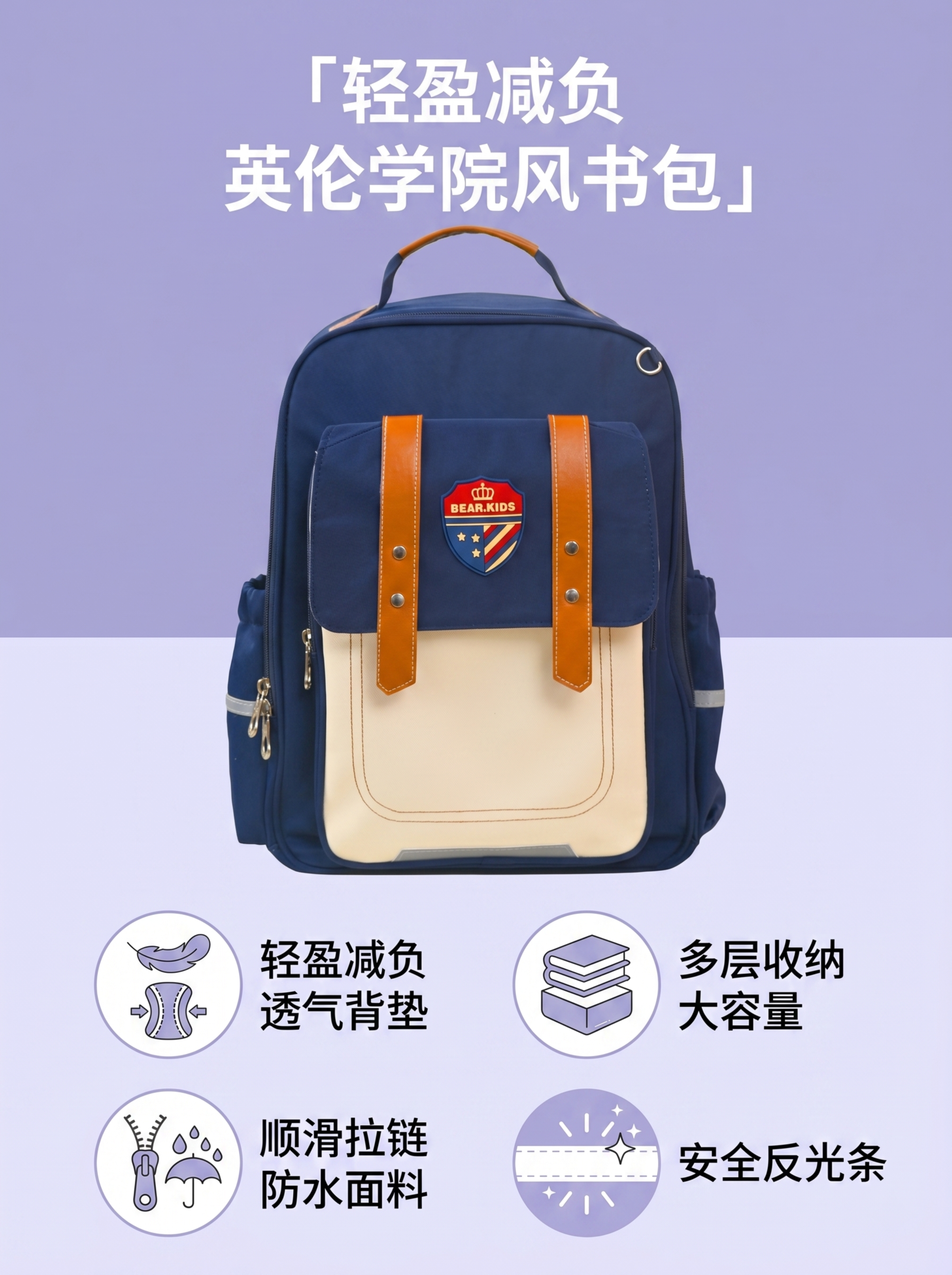 [第2屏] 核心卖点总览-英伦学院风儿童书包卖点汇总页。本屏使… - 图片创意预览