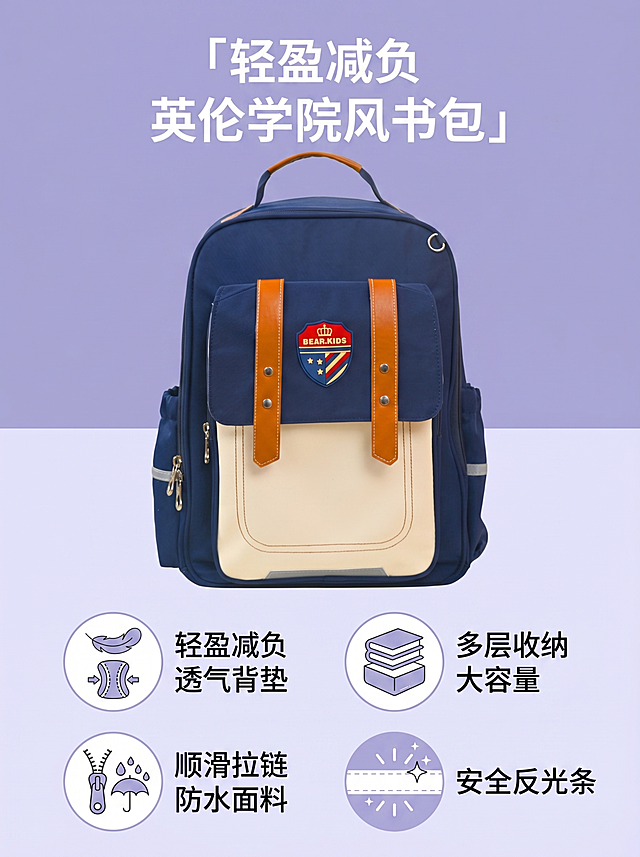[第2屏] 核心卖点总览-英伦学院风儿童书包卖点汇总页。本屏使用【图4】作为商品主体。
[氛围/风格] 清晰简洁信息展示风，干净舒适商业排版，抖音移动端适配。
[元素布局] 书包主图放在画面上半部分占比约50%，下半部分分两排排列四个卖点图标，每个卖点配图标和短说明；保持书包外观颜色、结构与原图完全一致。
[光影质感] 均匀柔和布光，产品和文字都清晰明亮，阴影柔和。
[配色色系] 全局底色使用浅紫色调，主色藏蓝书包，辅助色为浅紫和白色。
[视角构图] 正面平视，产品在上，卖点信息在下，排版整齐。
[文字版式] 顶部主标题「轻盈减负 英伦学院风书包」，下半部分四个卖点分区："轻盈减负 透气背垫"、"多层收纳 大容量"、"顺滑拉链 防水面料"、"安全反光条"，每个卖点配简约圆形图标，文字清晰不拥挤，手机端可读。
[比例分辨率] 3:4 竖版比例，4K 分辨率，文字清晰可辨。
[负向提示词] 结构错误，颜色偏差，文字过小错乱，产品变形，水印。