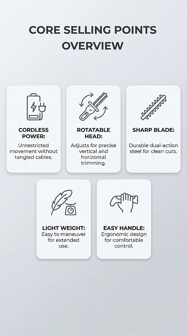 [第2屏] Core selling points overview screen for rotatable hedge trimmer. 5 icon selling cards arranged in two rows, each with 4-8 word English selling point: Cordless Power, Rotatable Head, Sharp Blade, Light Weight, Easy Handle. Low saturation light gray gradient background, minimalist card layout, all text English, clear hierarchy. 9:16, 4K, consistent style with first screen. Negative: blurry text, wrong cards, Chinese characters.