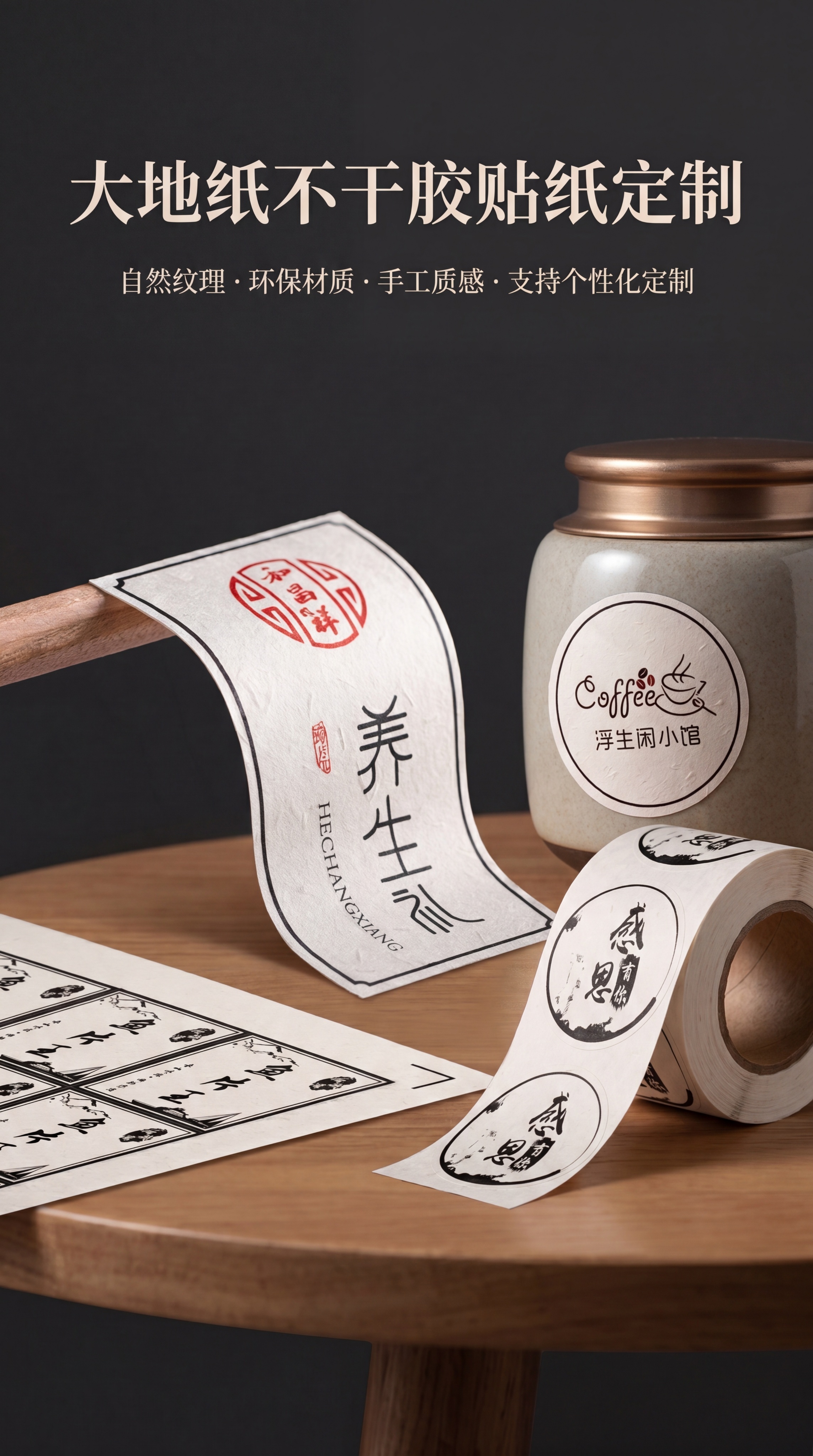 淘宝天猫商品详情页首屏，主标题：大地纸不干胶贴纸定制，展示这款… - 图片创意预览