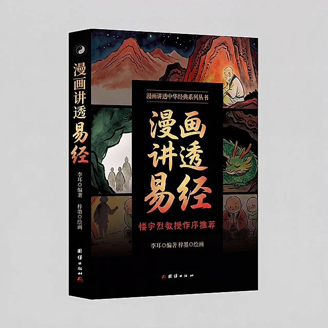 基于现有《漫画讲透易经》书籍封面，调整文字排版与配色，优化书名"漫画讲透易经"、系列名、推荐语、作者信息和出版社信息的排版布局，让层级更清晰，配色更协调舒适，保留原插画内容和整体黑底风格，提升视觉美观度