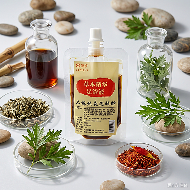 [主图-4] 产品成分草本特质展示图。氛围风格：自然清新高级感，舒适柔和光影。画质：商业摄影质感，光线柔和通透，产品清晰真实，画面干净高级。元素：足浴液袋装居中，周围用玻璃容器展示深棕色草本足浴液，搭配新鲜草本植物（艾叶、红花等）作为点缀，背景浅调自然鹅卵石，贴近泡脚解压主题。保持产品原有外观、颜色、结构完全一致，精细化处理，杜绝变形色差。商品主体占比约65%。光影：柔和侧光，凸显液体通透感，草本叶片层次清晰，整体氛围自然舒适。配色：浅灰白底调，搭配深棕液体和绿色草本，高级自然。视角构图：产品居中，周围自然散落草本元素，错落有致。文字版式：顶部标题写“草本精粹 温和配方”，深棕色居中粗体，底部小字说明“多种天然草本配比 温和养护”，浅色底深字对比清晰，不遮挡主体。比例分辨率：1:1比例，4k分辨率，文字清晰锐利，画面超高清。负向提示词：变形，水印，文字错乱，产品图模糊，背景杂乱。