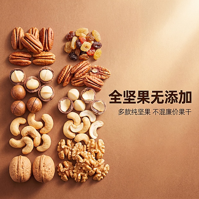 [主图-2] 纯坚果无凑数卖点展示。商业摄影质感，自然暖阳逆光，光线柔和通透，产品清晰真实，画面干净高级。画面中心展示切开的各类大颗粒坚果，对比展示纯坚果与廉价果干，左侧排列各类完整饱满的坚果（碧根果、夏威夷果、腰果、核桃），右侧留空放文字说明。保持坚果外观、物理结构、材质质感、颜色与输入产品图保持绝对一致，杜绝任何变形和色差，精细化处理。商品主体占比严格控制在70%左右。自然暖阳逆光突出坚果纹理和质感，通透有食欲。主色调为暖棕色，衬托坚果原色，简洁高级。俯视平铺构图，主体突出。右侧空白区域，上放大字写"全坚果无添加"，棕黑色粗体，下方分两行写"多款纯坚果 不混廉价果干"，细黑字，大小对比清晰。1:1 比例，4k 分辨率，文字清晰锐利，画面超高清。负面提示：变形，文字错乱，产品图模糊，背景杂乱，水印，电商平台Logo。