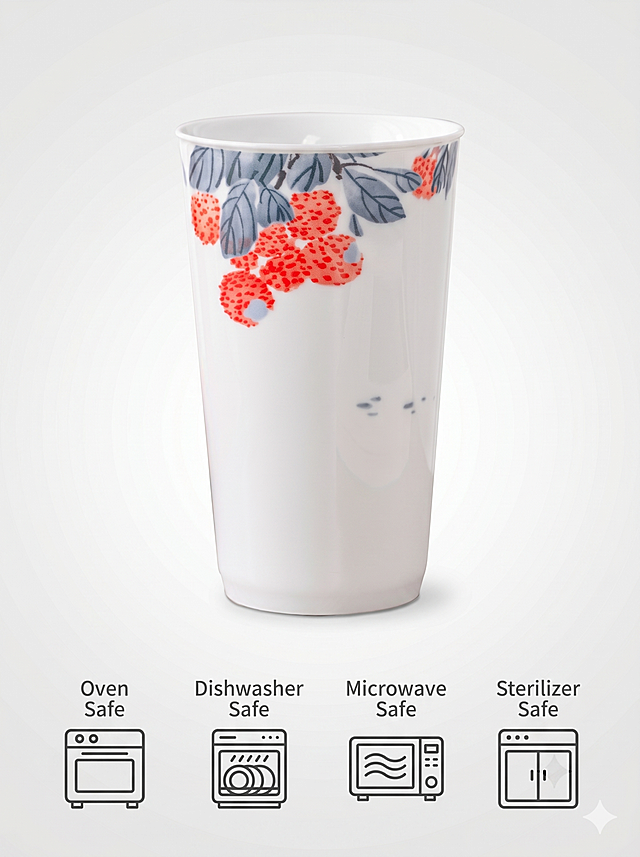 [主图-5] Multi-appliance compatibility display. Clear function display, practical sense. Commercial photography texture, soft light, clear picture, clean high-level. The ceramic cup is placed in the center of the picture, and four small icons are arranged at the bottom, representing oven, dishwasher, microwave, and disinfection cabinet. Keep the product appearance consistent with the input product image, the background is light gray gradient. The product accounts for about 60% of the picture, the bottom icon area is reasonably arranged. Soft top main light, the product three-dimensional sense is clear, the icon area is uniformly lit. Main color light gray background, product white and red blue pattern, icon uses dark gray line drawing, clear at a glance. Above the icon, add the corresponding text description "Oven Safe Dishwasher Safe Microwave Safe Sterilizer Safe", neat arrangement, uniform size, do not block the product. Head-up, product upper icon lower composition, neat alignment. 3:4 ratio, 4k resolution, super high definition. Negative prompts: Deformation, text disorder, blurred product image, messy background, watermark, e-commerce platform Logo.