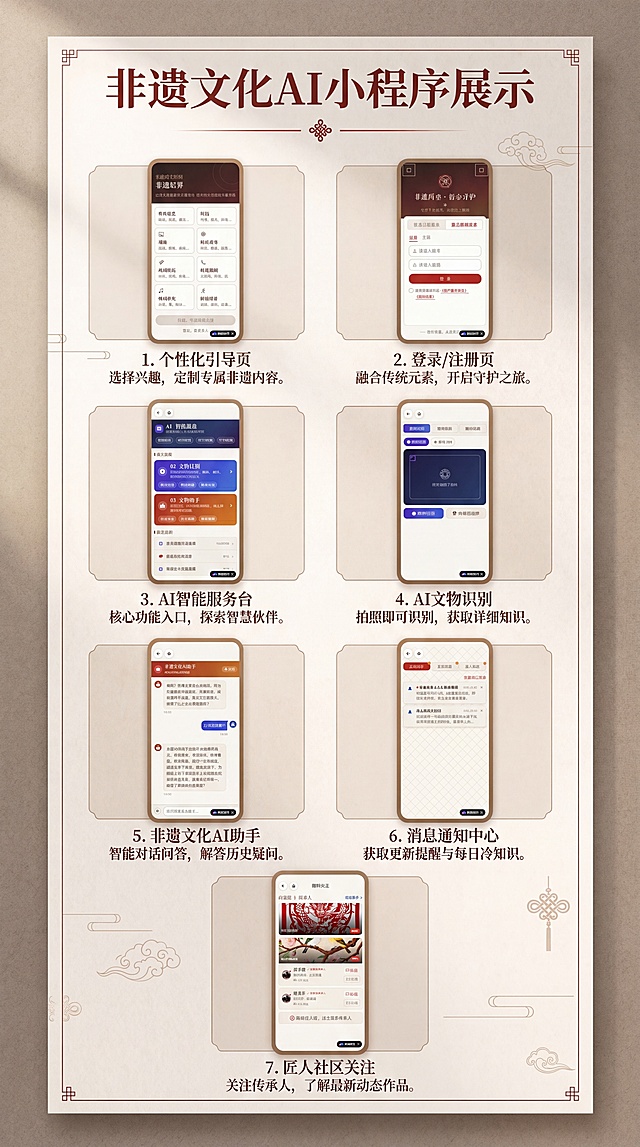制作竖版UI展示板，将提供的非遗文化小程序界面截图排版在展示板中，保持原截图的国潮暖棕风格，为每个界面添加清晰的文字解释，排版条理清楚、布局合理，整体色调沿用原小程序的米白+红棕配色，主题为非遗文化AI小程序展示