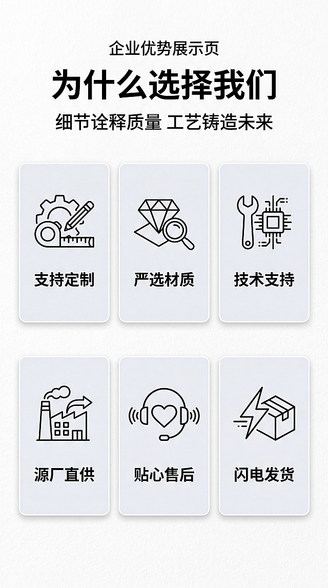 [第11屏] 企业优势展示页，参考图4和图5的版式，展示为什么选择我们。本屏提取参考图结构，展示六大优势。
[氛围/风格] 简约专业风，浅色肌理背景，简洁稳重。
[元素布局] 顶部主标题「为什么选择我们」，副标题「细节诠释质量 工艺铸造未来」，下方2行3列排列六个优势图标卡片，每个卡片包含线性图标和优势名称，沿用参考图的排版风格。
[光影质感] 均匀柔光，卡片干净清晰，无多余阴影。
[配色色系] 全局底色 #F8F8F8；主色黑色文字黑色图标；辅助色浅灰背景。
[视角构图] 居中对称排版，六大优势均衡分布，整洁美观。
[文字版式] 六个优势分别为：支持定制、严选材质、技术支持、源厂直供、贴心售后、闪电发货，每个优势图标在上文字在下，文字清晰，大小适中。
[比例分辨率] 9:16 竖版比例，4K分辨率，文字清晰可辨，高清画质。
[负向提示词] 文字错乱，图标变形，排版拥挤，水印，配色杂乱。