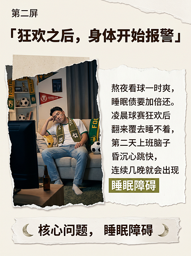 [第2屏] 详情页痛点屏-熬夜看球引发的睡眠障碍问题展示。延续复古手撕拼贴设计风格。
[氛围/风格] 复古手撕纸拼贴风，温和氛围感，真实场景感，高清印刷质感，文字清晰可读。
[元素布局] 顶部大标题区，左侧放深夜看球场景配图，右侧放置痛点文案区，底部总结核心问题，保留撕纸拼贴层次，搭配小月亮装饰元素呼应睡眠主题。
[光影质感] 柔和暖调光影，明暗对比适中，场景照片清晰，文字区域干净易读。
[配色色系] 全局底色 #F5F1E9；主色米白，辅助色深棕文字、橄榄绿高亮，整体和首屏保持一致。
[视角构图] 左图右文竖版构图，阅读动线从上到下自然流畅。
[文字版式] 主标题「狂欢之后，身体开始报警」，加粗标题；核心痛点文案："熬夜看球一时爽，睡眠债要加倍还。凌晨球赛狂欢后翻来覆去睡不着，第二天上班脑子昏沉心跳快，连续几晚就会出现睡眠障碍。"，关键信息"睡眠障碍"用橄榄绿底高亮，文字大小适合手机阅读，排版清晰留足行间距。
[比例分辨率] 3:4 竖版比例，4K分辨率，高清画质，文字清晰可辨。
[负向提示词] 文字错乱，文字过小，变形，水印，颜色偏差，背景杂乱