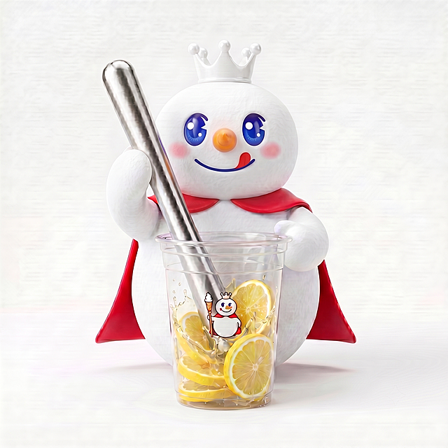 将原图的雪王头部替换为图二的雪王头部样式，保持身体、杯子、柠檬锤和背景不变，保留8K高清纯白背景