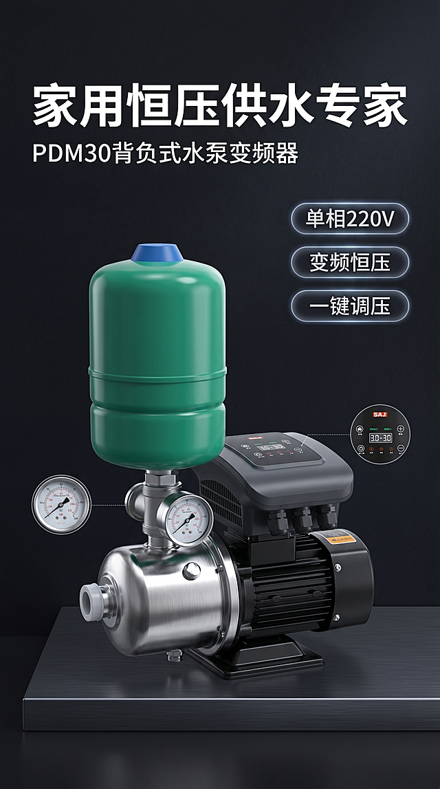 [第1屏] 详情页头图-PDM30背负式水泵变频器主视觉宣传图。本屏使用【图2】和【图3】作为整机主体，【图1】和【图4】作为变频器细节展示。
[氛围/风格] 专业科技工业风，深色背景，清晰硬朗线条，商业摄影质感，凸显产品精密品质。
[元素布局] 整机产品位于画面中下偏右区域，占比约70%；左上预留主标题区域，右侧排列三个核心卖点胶囊标签；保证产品结构、按键布局、颜色、材质与输入图片一致。
[光影质感] 左侧主光源打亮产品正面，底部加自然投影，机身边框和按键面板保留清晰高光，明暗层次分明。
[配色色系] 全局底色 #1A1A1E，主色深灰磨砂黑，辅助色产品本体红色品牌logo和绿色显示标识，文字用白色和浅灰色。
[视角构图] 正面斜45度视角，产品为绝对视觉中心，阅读动线从上到下，左上标题 → 中部产品 → 右侧卖点。
[文字版式] 版式为左上大标题 + 右侧卖点标签 + 底部产品展示。主标题 "家用恒压供水专家"，副标题 "PDM30背负式水泵变频器"，均左对齐，加粗白色字体；右侧三个悬浮卖点胶囊分别为 "单相220V"、"变频恒压"、"一键调压"，深色背景白字，不遮挡主体。
[比例分辨率] 9:16竖版比例，4K分辨率，文字清晰可辨。
[负向提示词] 产品变形，结构错误，颜色偏差，文字错乱，文字过小，缺件错件，背景杂乱，水印