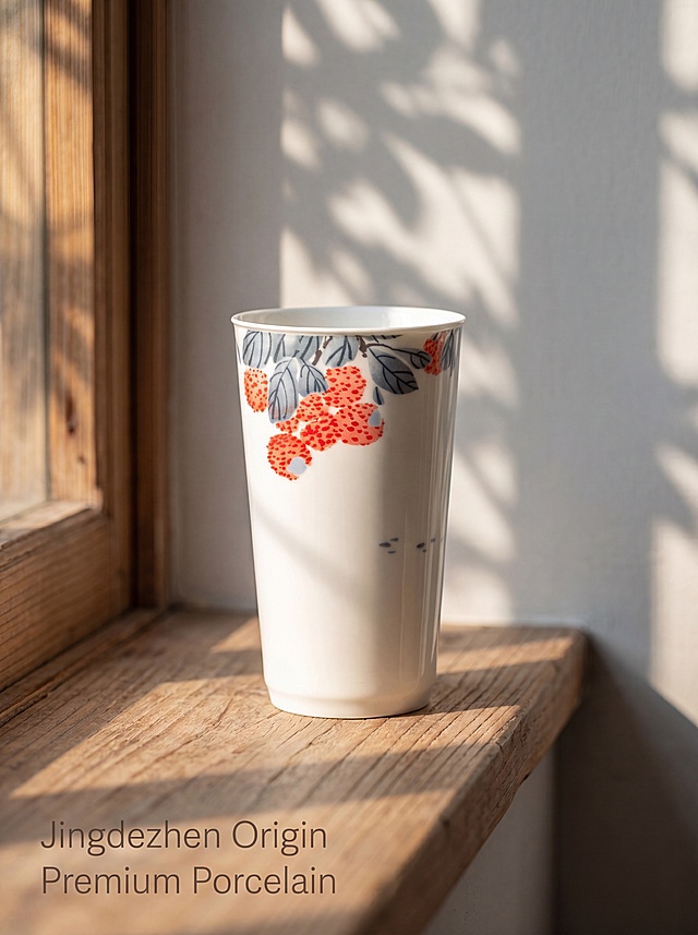 [主图-10] Origin Jingdezhen premium porcelain display. Premium atmosphere, origin endorsement. High-end commercial photography, soft advanced light, clear texture. The ceramic cup is placed on the simple wooden window sill, with natural sunlight coming in from the side, and the shadow of the leaves on the wall in the background, creating a high-end handmade ceramic atmosphere. Keep the cup shape, pattern, and color consistent with the input product image. The picture is full and the scene is simple and advanced. Side natural sunlight, soft shadow, highlight the texture of porcelain, the light is warm and advanced. Wood warm color, wall light gray, the cup pattern is natural, the overall color is low saturation comfortable. Bottom left text "Jingdezhen Origin Premium Porcelain", simple font, low contrast, does not affect the product display. 3:4 ratio, 4k resolution, super high definition. Negative prompts: Deformation, text disorder, blurred product image, messy background, watermark, e-commerce platform Logo.