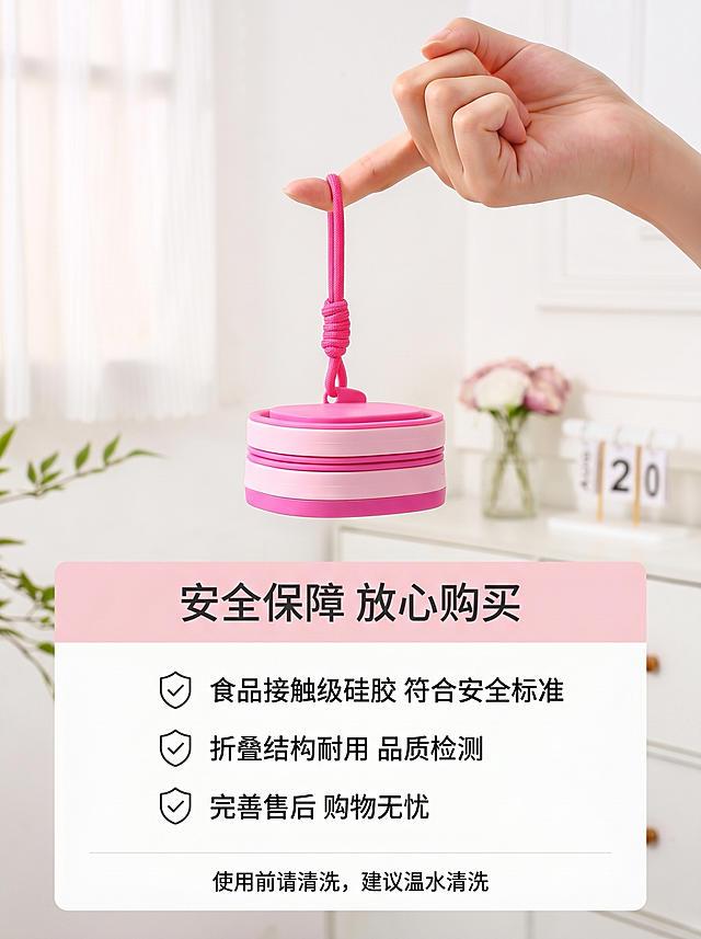 [第11屏] 售后保障说明页-安全与服务承诺。
[氛围/风格] 简约可信风格，平和安心
[元素布局] 画面上半部分展示折叠好的粉色产品悬挂场景，使用【图9】的产品展示，下半部分为保障说明信息卡片，保持产品颜色结构与原图一致
[光影质感] 整体柔和均匀光线，场景温馨安心
[配色色系] 全局底色 #fcfcfc，产品粉色突出，信息卡浅粉顶栏搭配白色内容区
[视角构图] 产品在上，信息在下，居中构图
[文字版式] 顶部主标题「安全保障 放心购买」，下方列出三点保障：「食品接触级硅胶 符合安全标准」「折叠结构耐用 品质检测」「完善售后 购物无忧」，每个保障配对勾小图标，文字清晰，底部标注「使用前请清洗，建议温水清洗」温馨提示
[比例分辨率] 3:4竖版比例，4K分辨率，文字清晰可辨，高清画质
[负向提示词] 虚假承诺，极限词，文字模糊，产品变形