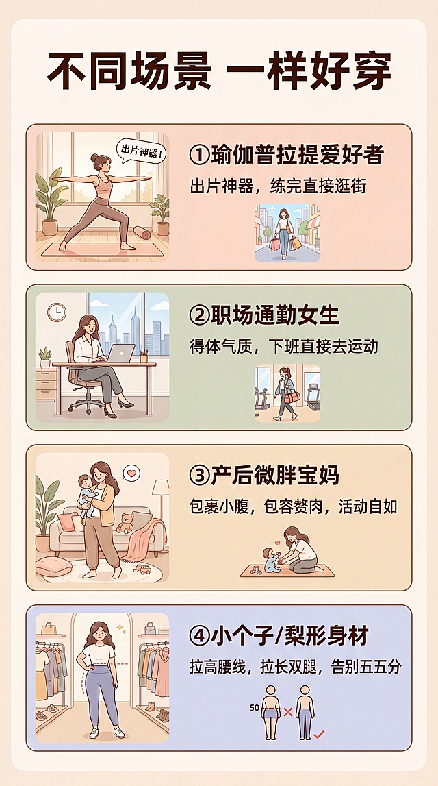 [第4屏] 人群分层精准种草，分四个板块针对不同人群精准戳需求。
[氛围/风格] 亲和种草风，温暖干净，有共鸣感
[元素布局] 顶部主标题，下方四个矩形板块，每个板块对应一类人群，配场景小示意+文字说明。排版清晰不拥挤
[光影质感] 均匀柔和光，整体温暖明亮
[配色色系] 全局底色 #F9F6F2，主色暖米白，每个板块用浅色调区分，文字深色
[视角构图] 纵向四板块排列，从上到下阅读动线清晰
[文字版式] 主标题：不同场景 一样好穿，四个板块依次：①瑜伽普拉提爱好者：出片神器，练完直接逛街；②职场通勤女生：得体气质，下班直接去运动；③产后微胖宝妈：包裹小腹，包容赘肉，活动自如；④小个子/梨形身材：拉高腰线，拉长双腿，告别五五分。每个板块标题加粗，说明文字简洁清晰
[比例分辨率] 9:16 竖版比例，4K分辨率，文字清晰可辨，高清画质
[负向提示词] 文字错乱，文字过小，信息杂乱，背景花哨，水印