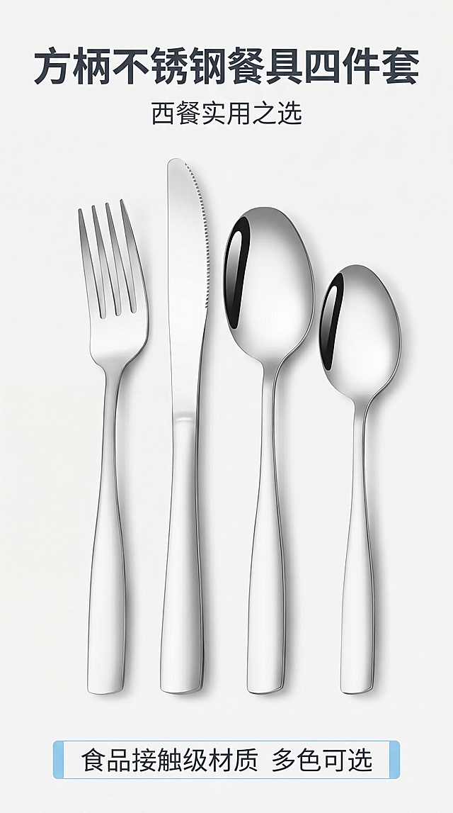 [第1屏] 详情页头图-方柄银色餐具四主件宣传海报。本屏使用【图1】作为商品主体。
[氛围/风格] 现代简约商业海报风，干净清爽高级感，商业摄影质感，展示产品精致质感。
[元素布局] 银色餐具四件套竖直排列置于画面中央偏上位置，占比约65%，主体轮廓、比例、结构与输入图片保持完全一致。下方预留信息条区域，上方留出主标题位置，整体构图平衡舒适。
[光影质感] 正面柔和主光，侧方补充高光突出不锈钢金属光泽，底部自然投影，明暗层次分明，金属质感真实清晰。
[配色色系] 全局底色 #F5F5F5，主色银色金属，辅助色深灰文字，浅蓝色块点缀信息条。
[视角构图] 正面平视视角，产品居中为视觉中心，阅读动线从上到下自然流畅。
[文字版式] 顶部主标题「方柄不锈钢餐具四件套」，副标题「西餐实用之选」，底部信息条标注「食品接触级材质 多色可选」，文字清晰不遮挡产品主体，字体简洁无衬线，层级分明。
[比例分辨率] 9:16竖版比例，4K分辨率，文字清晰可辨，高清画质。
[负向提示词] 产品变形，颜色偏差，文字错乱，缺件错件，水印，背景杂乱，文字过小，结构错误
