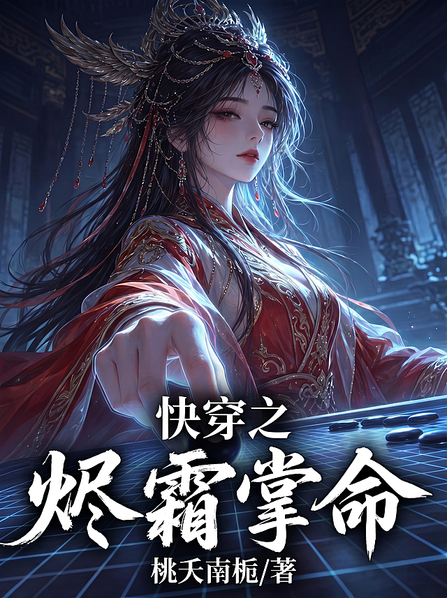 调整图片底部的字体"快穿之烬霜掌命 桃夭南栀/著"的图层顺序，让字体显示在女子手中的棋子上方，保证字体完整显示不被遮挡，保持所有其他元素、构图、比例都不变