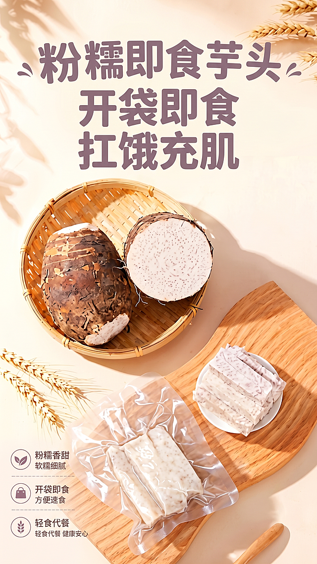 [第4屏] 即食芋头单款产品详情展示。本屏使用【图3】【图4】作为产品主体。
[氛围/风格] 温馨暖调食材风，柔和光影，商业摄影质感。
[元素布局] 上半部分主标题，中部展示完整芋头原料和包装好的芋头条，下半部分卖点区域；产品纹理颜色与输入图片保持一致，主体占比约70%。背景搭配浅暖米色，添加麦穗光影增加氛围感。
[光影质感] 柔和侧光，芋头粉糯纹理清晰，真空包装通透有光泽。
[配色色系] 全局底色 #FAF0E6，主色暖米色，辅助色芋头紫纹棕褐，文字灰紫色。
[视角构图] 正面，从上到下布局，视觉流清晰。
[文字版式] 顶部主标题「粉糯即食芋头」，副标题「开袋即食 扛饿充肌」；下半部分分三个卖点：「粉糯香甜 软糯细腻」「开袋即食 方便速食」「轻食代餐 健康安心」，配简约图标，排版整齐。
[比例分辨率] 9:16 竖版比例，4K分辨率，文字清晰可辨，高清画质。
[负向提示词] 芋头变形，颜色偏差，纹理失真，文字错乱，背景杂乱。