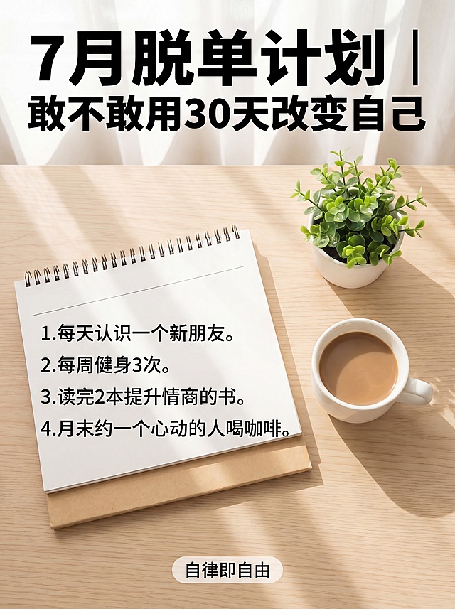 小红书笔记图，竖版比例3:4，背景是简约清新插画：俯拍浅木纹简约桌面，桌上放着翻开的空白日历、白色咖啡杯和一小盆绿植，阳光柔和洒落，画面没有人物。文字排版：主标题黑体大字“7月脱单计划｜敢不敢用30天改变自己”放在上方，正文左对齐排列在日历旁边：“1.每天认识一个新朋友。2.每周健身3次。3.读完2本提升情商的书。4.月末约一个心动的人喝咖啡。”，底部添加标签“自律即自由”，整体风格简约清新，适合自律脱单主题小红书笔记