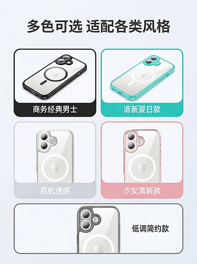 [第9屏] 适配人群展示，不同配色苹果17磁吸手机壳满足各类人群使用需求，本屏使用【图1】作为全配色展示。
[氛围/风格] 生活化风格，浅灰渐变背景，卡片式人群展示，亲和友好。
[元素布局] 顶部主标题，下方分五个卡片，每个卡片展示一个配色产品+适配人群标签，保留各配色产品外观颜色与图1一致。
[光影质感] 每个卡片独立柔光补光，整体均匀明亮，产品颜色还原真实。
[配色色系] 全局底色 #f8fafc，主色深灰标题文字，辅助色匹配各产品边框颜色，整体清新干净。
[视角构图] 顶部标题，下方两列排版，五个卡片错落排布，符合手机端竖屏浏览。
[文字版式] 顶部主标题「多色可选 适配各类风格」，五个配色分别标注：黑色「商务经典男士」，青绿色「清新夏日款」，透明「原机透感」，粉色「少女清新款」，灰色「低调简约款」；文字清晰，不遮挡产品展示。
[比例分辨率] 3:4 竖版比例，4K分辨率，文字清晰可辨，高清画质。
[负向提示词] 产品变形，颜色偏差，缺件错件，文字错乱，文字过小，背景杂乱，水印