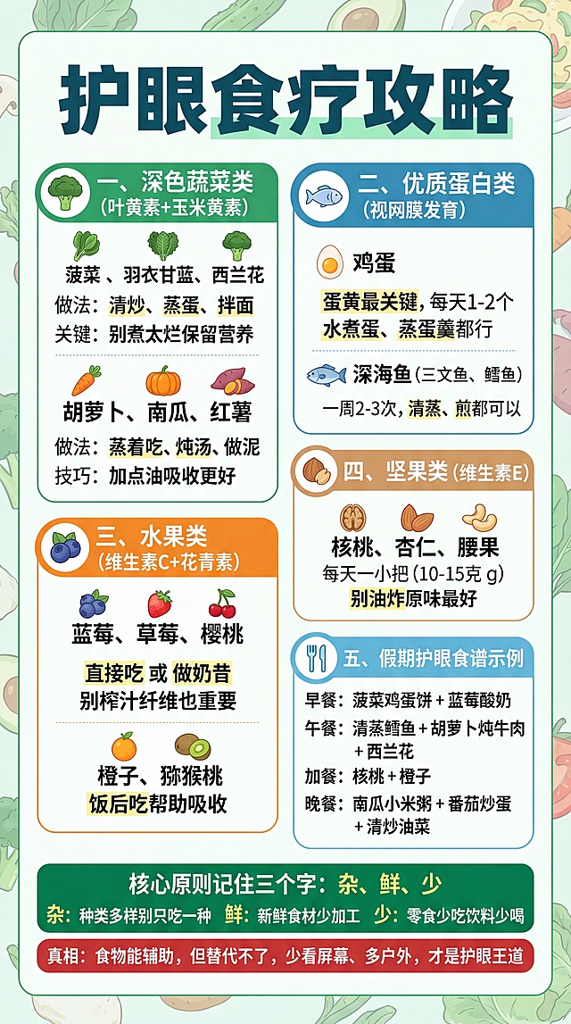 制作一张健康护眼科普图文海报，整体排版清晰明亮，风格简约现代，适合手机端阅读。包含文字内容：标题'护眼食疗攻略'，一、深色蔬菜类（叶黄素+玉米黄素）：菠菜、羽衣甘蓝、西兰花，做法清炒、蒸蛋、拌面，关键别煮太烂保留营养；胡萝卜、南瓜、红薯，做法蒸着吃、炖汤、做泥，技巧加点油吸收更好。二、优质蛋白类（视网膜发育）：鸡蛋，蛋黄最关键，每天1-2个，水煮蛋、蒸蛋羹都行；深海鱼（三文鱼、鳕鱼），一周2-3次，清蒸、煎都可以。三、水果类（维生素C+花青素）：蓝莓、草莓、樱桃，直接吃或做奶昔，别榨汁纤维也重要；橙子、猕猴桃，饭后吃帮助吸收。四、坚果类（维生素E）：核桃、杏仁、腰果，每天一小把（10-15克），别油炸原味最好。五、假期护眼食谱示例：早餐菠菜鸡蛋饼+蓝莓酸奶，午餐清蒸鳕鱼+胡萝卜炖牛肉+西兰花，加餐核桃+橙子，晚餐南瓜小米粥+番茄炒蛋+清炒油菜。核心原则记住三个字：杂、鲜、少，杂种类多样别只吃一种，鲜新鲜食材少加工，少零食少吃饮料少喝；真相：食物能辅助，但替代不了，少看屏幕、多户外，才是护眼王道。搭配清新健康的食材配图背景，文字层级分明，重点内容加粗标注。