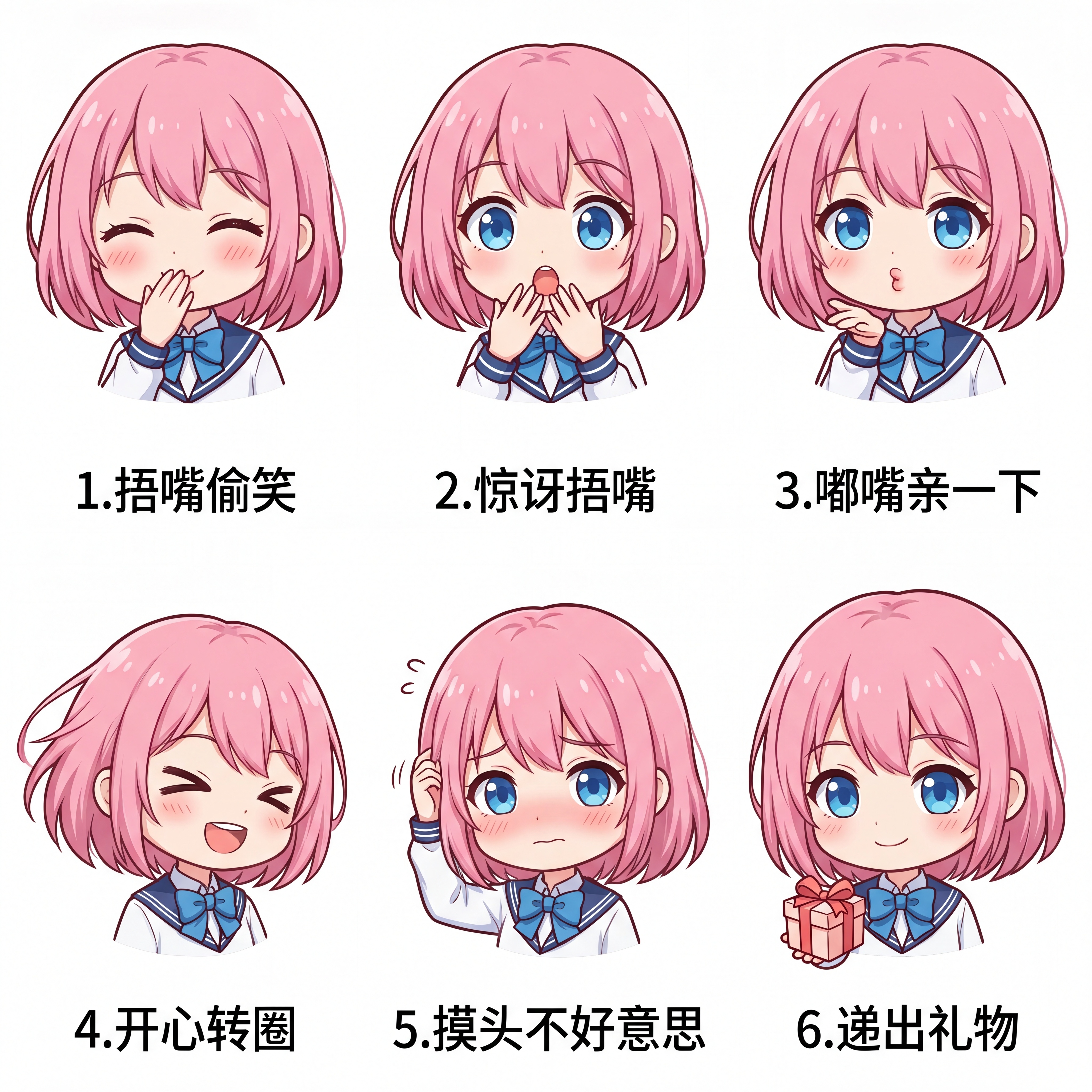基于粉色短发Q版女孩原型，生成6种全新表情：1. 捂嘴偷笑（眼… - 图片创意预览