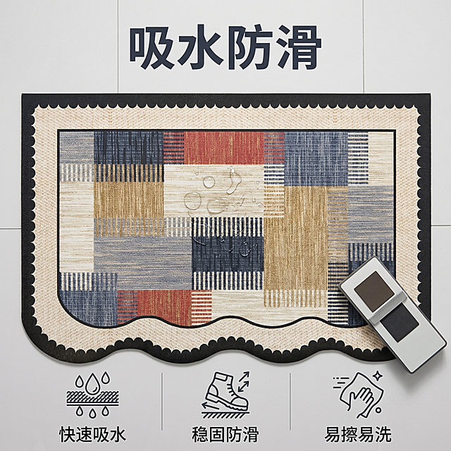 [主图-2] 入户门地垫吸水防滑功能演示图。
[氛围风格] 功能直观展示，真实可信
[画质] 商业摄影质感，光线柔和通透，产品清晰真实，画面干净高级
[元素] 用户提供的格纹入户门地垫居中放置，水滴正落在地垫表面展示瞬吸效果，地垫另一侧放置摩擦测试道具，展示防滑摩擦力。保持地垫外观（物理结构、材质质感、格纹配色）与输入产品图绝对一致，杜绝任何变形和色差，精细化处理。商品主体占比严格控制在60%-70%，背景干净留白突出功能演示。
[光影] 均匀柔光灯箱光线，清晰展示吸水过程和防滑纹理，没有过暗阴影
[配色] 保留地垫原有配色，浅灰色背景衬托主体功能演示
[视角构图] 平视居中，功能演示区域在视觉中心，画面干净重点突出
[文字版式] 顶部居中主文案写吸水防滑，深灰色粗体。底部三列排列卖点，第一列水滴图标加小字快速吸水，第二列抓地力图标加小字稳固防滑，第三叉抹布图标加小字易擦易洗，每列图标在上文字在下，深灰色文字干净排列，不遮挡地垫主体
[比例分辨率] 1:1比例，4k分辨率，文字清晰锐利，画面超高清
[负向提示词] 变形，文字错乱，产品图模糊，背景杂乱，水印，电商平台Logo，绝对化违禁词