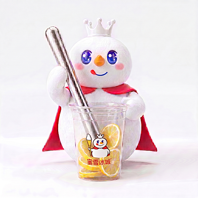 将图一中的杯子替换为图二的透明塑料杯样式，包含杯身上的雪王IP贴纸与‘蜜雪冰城’红色文字标识，保留雪王主体、柠檬片、柠檬锤、皇冠、红披风及纯白背景，8K高清