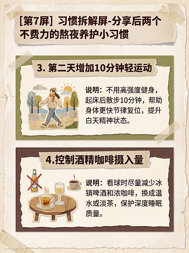 [第7屏] 习惯拆解屏-分享后两个不费力的熬夜养护小习惯。延续复古手撕拼贴设计风格。
[氛围/风格] 复古手撕纸拼贴风，实用轻松感，温暖治愈，高清印刷质感，文字清晰可读。
[元素布局] 顶部延续标题，两个习惯分上下两个卡片区，每个习惯配对应场景小图，图标+标题+说明排版，保留拼贴肌理，整体排版不拥挤。
[光影质感] 均匀柔和光线，每个卡片清晰明亮，场景小图自然真实。
[配色色系] 全局底色 #F5F1E9；主色米白，辅助色深棕、橄榄绿，保持整套配色统一。
[视角构图] 从上到下分两区块竖版构图，信息层级分明。
[文字版式] 习惯三标题「3. 第二天增加10分钟轻运动」，说明：不用高强度健身，起床后散步10分钟，帮助身体更快节律复位，提升白天精神状态；习惯四标题「4. 控制酒精咖啡摄入量」，说明：看球时尽量减少冰镇啤酒和浓咖啡，换成温水或淡茶，保护深度睡眠质量；标题加粗，正文清晰，行间距舒适适合手机阅读。
[比例分辨率] 3:4 竖版比例，4K分辨率，高清画质，文字清晰可辨。
[负向提示词] 文字错乱，文字过小，变形，水印，颜色偏差，背景杂乱