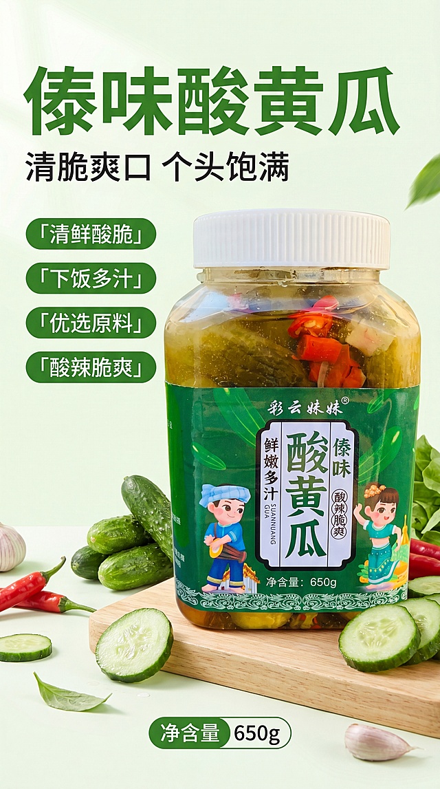 [第1屏] 云南傣味酸黄瓜商品详情页头图。本屏使用【图1】和【图2】作为产品主体参考，保留产品包装和酸黄瓜外观特征。
[氛围/风格] 清新自然风，突出食欲感和健康绿色调性，拼多多接地气大字报风格，商业摄影高清质感。
[元素布局] 瓶装产品放置在画面右侧，占比约65%，左侧放置标题和卖点展示，底部增加浅木色台面点缀，周围搭配新鲜黄瓜原料烘托氛围，保证产品结构和颜色与原图保持一致。
[光影质感] 正面柔光均匀照明，瓶身保留清晰高光，自然投影，整体通透清爽。
[配色色系] 全局底色 #F5F9F2，主色清新绿色，辅助色浅木色和白色，保留产品本身包装配色。
[视角构图] 正面平视，产品为视觉中心，阅读动线从上到下自然流畅。
[文字版式] 顶部标题区放置主标题「傣味酸黄瓜」加粗绿色大字，副标题「清脆爽口 个头饱满」，下方用绿色胶囊框展示四个卖点：「清鲜酸脆」「下饭多汁」「优选原料」「酸辣脆爽」，底部标注净含量「650g」，文字排版清晰，不遮挡产品主体。
[比例分辨率] 9:16竖版比例，4K分辨率，文字清晰可辨，高清画质。
[负向提示词] 产品变形，颜色偏差，包装文字错乱，文字过小，水印，背景杂乱，缺件错件