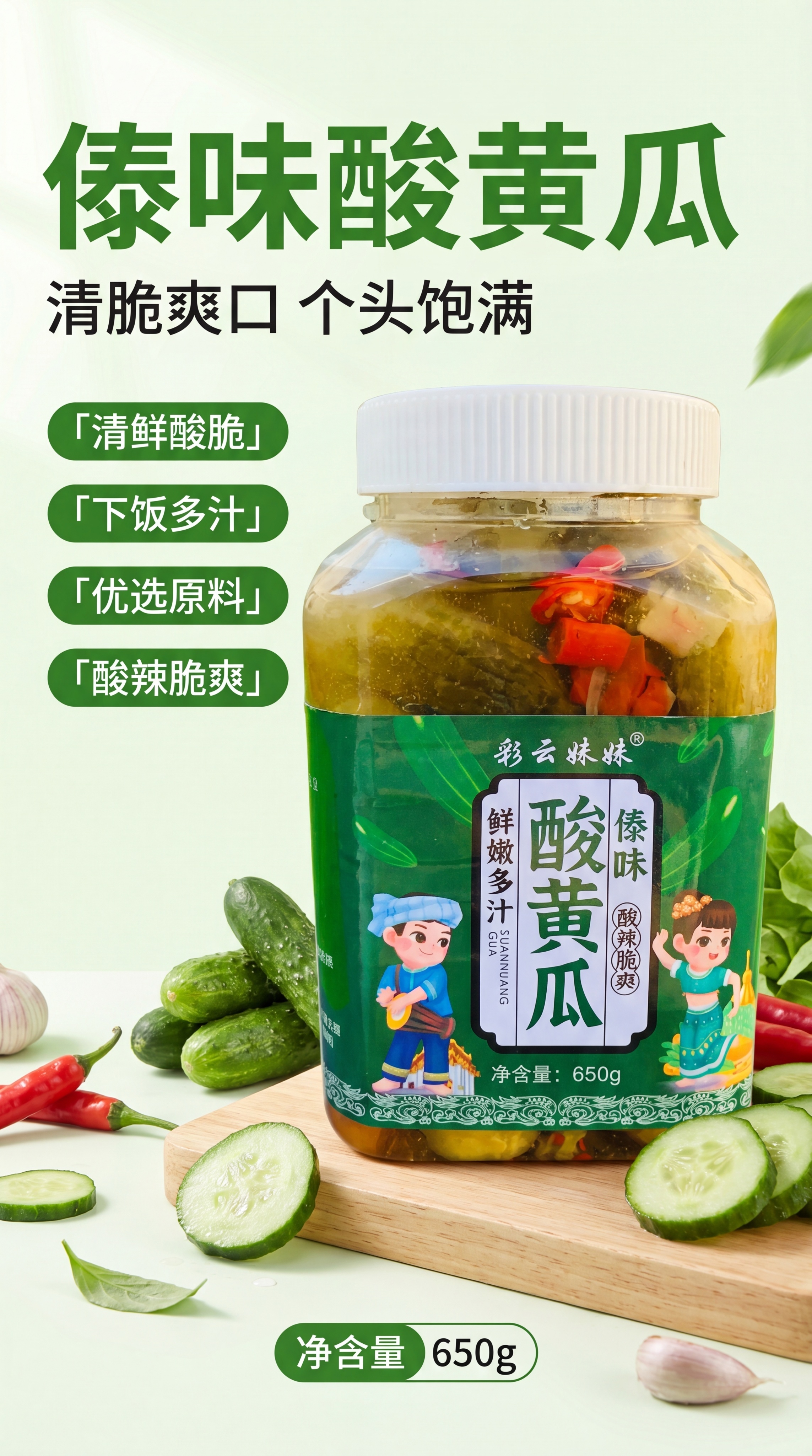 [第1屏] 云南傣味酸黄瓜商品详情页头图。本屏使用【图1】和【… - 图片创意预览