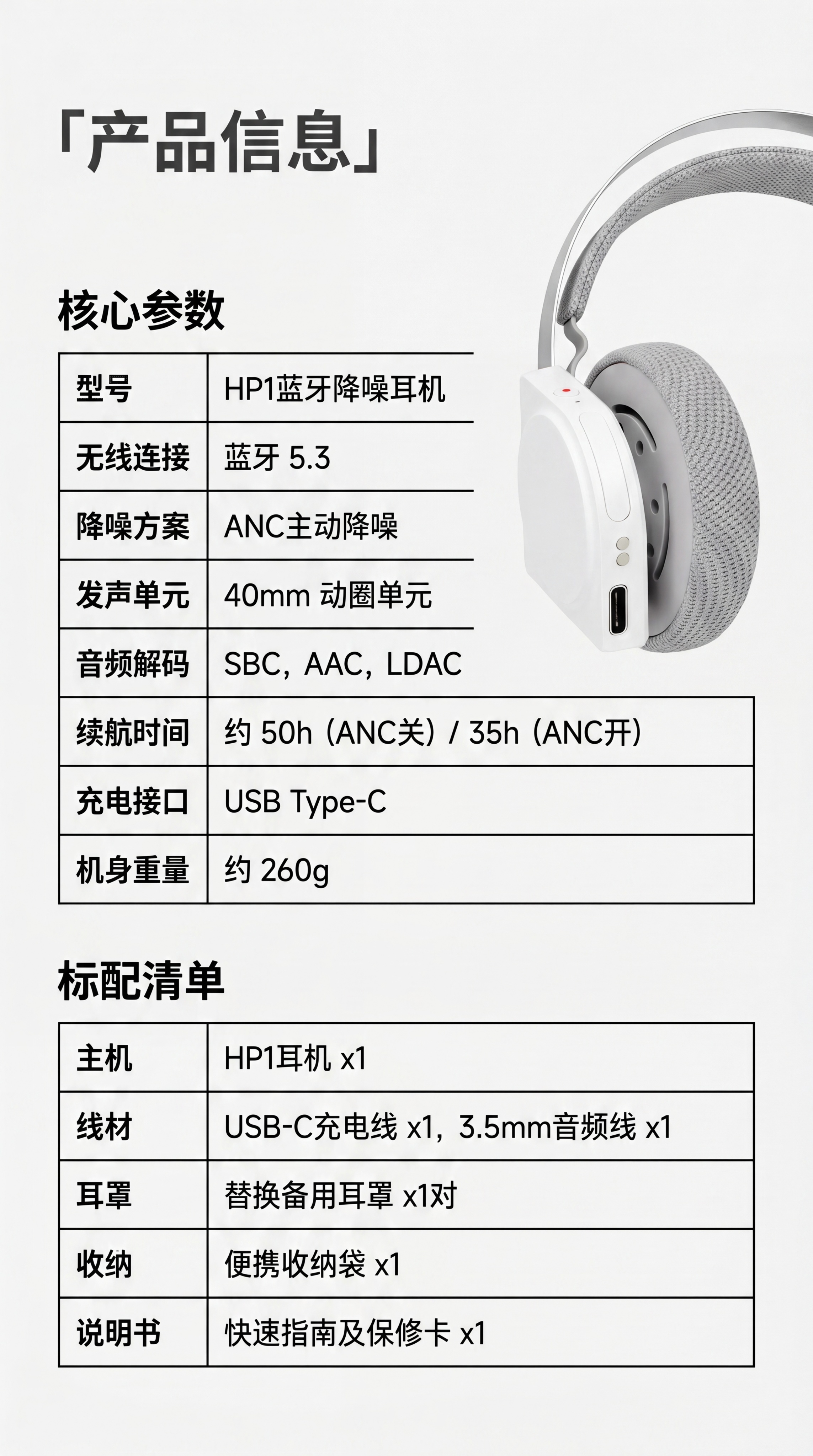 [第9屏] 产品参数信息-HP1蓝牙降噪耳机完整参数与配件清单… - 图片创意预览