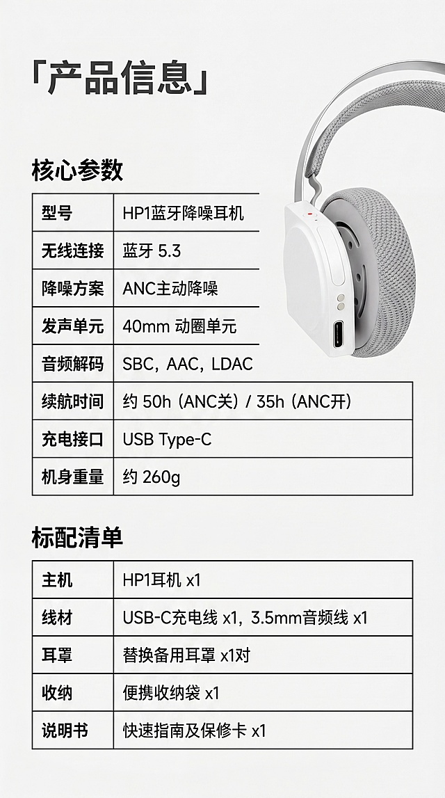 [第9屏] 产品参数信息-HP1蓝牙降噪耳机完整参数与配件清单。本屏使用【图1】产品展示图。
[氛围/风格] 清晰严谨参数排版，简约专业数码风格。
[元素布局] 右侧放置白色款耳机斜视图，左侧排版核心参数表和标配清单，保持耳机结构颜色与原图一致，整体分区清晰，留白适中。
[光影质感] 均匀软光，产品清晰立体，文字和表格线条干净利落。
[配色色系] 全局底色 #FAFAFA；主色深灰文字黑色表格线；辅助色白灰耳机产品。
[视角构图] 左表右图，上下通屏排版，信息清晰易读。
[文字版式] 顶部大标题「产品信息」，分核心参数和标配清单两块：核心参数包含无线连接、发声单元、续航时间、重量等关键信息；标配清单列出主机、线材、耳罩、收纳袋、说明书；文字清晰，表格对齐整齐，项目名称加粗，内容清晰可读。
[比例分辨率] 9:16竖版比例，4K分辨率，文字清晰可辨，高清画质。
[负向提示词] 参数错位，文字模糊，产品变形，表格线条杂乱。