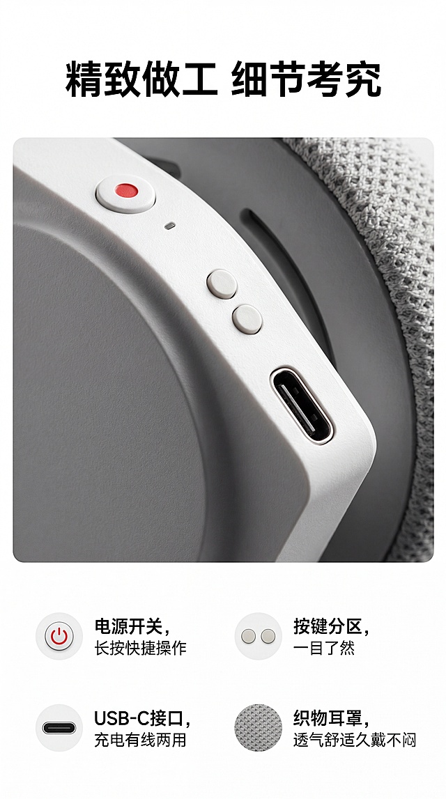 [第8屏] 细节做工展示-HP1按键接口细节解析。本屏使用【图1】产品细节图。
[氛围/风格] 微距特写质感，干净背景，突出做工精致。
[元素布局] 画面上半部分放大展示耳机侧面按键和USB-C接口细节，保持接口位置、按键布局和产品颜色与原图一致，下半部分分点说明各个细节优势。
[光影质感] 微距侧光，按键边缘、接口金属内圈清晰锐利，纹理质感突出，阴影自然不生硬。
[配色色系] 全局底色 #FFFFFF；主色深灰文字；辅助色白灰产品本身颜色。
[视角构图] 上图下文，微距特写构图，焦点在接口按键细节。
[文字版式] 顶部主标题「精致做工 细节考究」，分四点介绍：「电源开关，长按快捷操作」「按键分区，一目了然」「USB-C接口，充电有线两用」「织物耳罩，透气舒适久戴不闷」，每个细节配短说明，文字清晰排版整齐。
[比例分辨率] 9:16竖版比例，4K分辨率，文字清晰可辨，高清画质。
[负向提示词] 细节变形，接口错位，文字模糊，背景杂乱。