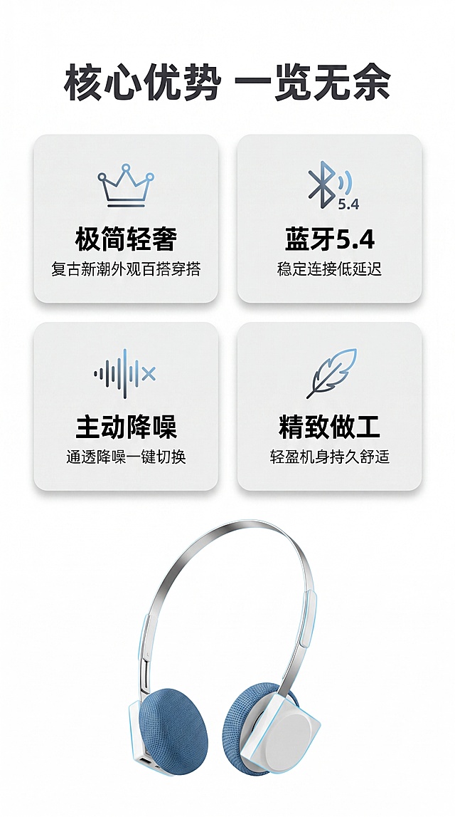 [第3屏] 核心卖点总览-HP1极简轻奢蓝牙降噪耳机六大核心优势。
[氛围/风格] 清爽简约图文排版，信息分区清晰，专业数码质感。
[元素布局] 页面分为上中下三区，上方主标题，中间四个卖点卡片，底部放置【图4】白色耳机产品图居中展示；每个卖点卡片搭配图标区域和文字说明，错落排版不拥挤。
[光影质感] 均匀明亮软光，产品卡片阴影自然柔和，文字清晰不发虚。
[配色色系] 全局底色 #FFFFFF；主色深灰文字，浅灰卡片背景；点缀色浅蓝产品高光。
[视角构图] 从上到下通屏排版，信息动线流畅自然。
[文字版式] 顶部主标题「核心优势 一览无余」，四个卡片卖点分别为：「极简轻奢」复古新潮外观百搭穿搭、「蓝牙5.4」稳定连接低延迟、「主动降噪」通透降噪一键切换、「精致做工」轻盈机身持久舒适，每个卖点标题加粗，说明文字小字补充，清晰易读。
[比例分辨率] 9:16竖版比例，4K分辨率，文字清晰可辨，高清画质。
[负向提示词] 卡片错位重叠，文字模糊，产品变形，配色刺眼。
