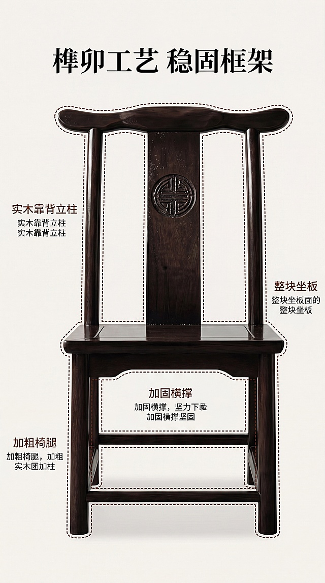[第4屏] 官帽椅结构框架解析。本屏使用【图3】展示整体实木框架结构。
[氛围/风格] 结构解析专业风，浅底清晰展示，直观易懂。
[元素布局] 主体展示椅子完整框架，用虚线标注核心结构：靠背立柱、椅腿、横撑、坐板，各部分结构比例与原图完全一致；背景留白，标注清晰，不抢主体。
[光影质感] 均匀布光，整体结构清晰可见，各部件明暗区分明确。
[配色色系] 全局底色 #F3F0EB，主色产品乌木色，标注线条深棕，浅色背景突出结构。
[视角构图] 正面对称视角，完整展示框架结构，标注清晰易读。
[文字版式] 主标题「榫卯工艺 稳固框架」，每个标注部位配简短说明文字：「实木靠背立柱」「加粗椅腿」「加固横撑」「整块坐板」；文字大小适中，不遮挡核心结构。
[比例分辨率] 9:16 竖版比例，4K分辨率，文字清晰可辨，高清画质。
[负向提示词] 结构错误，部件缺失，变形，标注模糊，文字错乱。