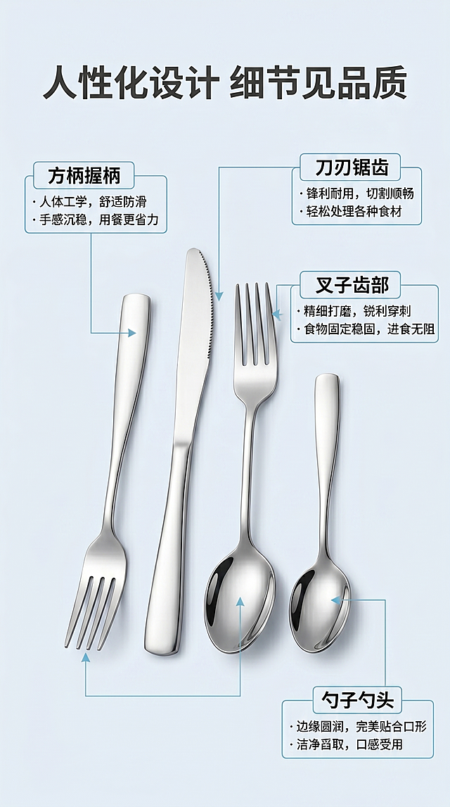 [第4屏] 结构细节解析，用引线标注展示刀叉勺关键部位设计优势。本屏使用【图1】银色款作为产品主体。
[氛围/风格] 专业解析风，清晰展示设计细节，突出产品优势。
[元素布局] 产品整体居中放置，占画面约60%，用细引线分别引出四个关键部位：方柄握柄、叉子齿部、刀刃锯齿、勺子勺头，每个引线标注部位名称和用户收益，结构轮廓和颜色与原图保持一致。
[光影质感] 柔和均匀光照，突出各部位细节纹理，金属质感清晰，阴影自然不突兀。
[配色色系] 全局底色 #F0F4F8，主色银色产品，文字深灰，引线浅蓝，标注框浅蓝白底。
[视角构图] 正面平视产品，中心布局，标注分布在产品四周，不遮挡主体。
[文字版式] 顶部标题「人性化设计 细节见品质」，每个标注包含部位名称+使用优势，文字简洁清晰，不遮挡产品。
[比例分辨率] 9:16竖版比例，4K分辨率，文字清晰可辨，高清画质。
[负向提示词] 标注遮挡产品，引线错乱，产品变形，文字模糊，颜色偏差，缺件，水印