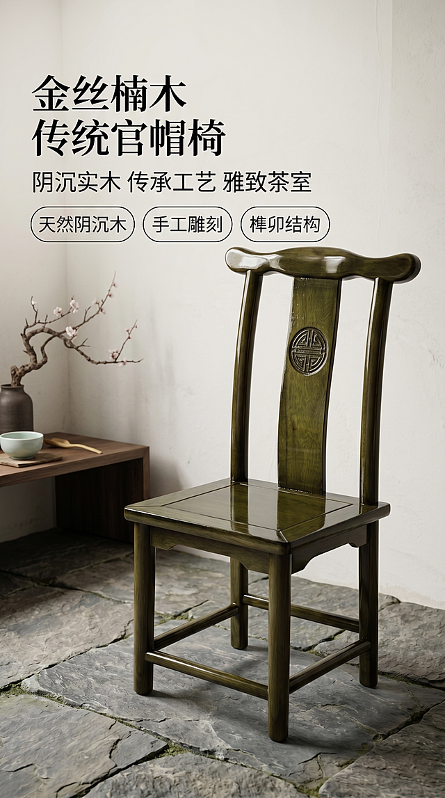 [第1屏] 金丝楠木官帽椅详情页头图，乌木色实木新中式餐椅。本屏使用【图4】作为商品主体。
[氛围/风格] 新中式禅意国风，沉稳雅致，商业摄影质感，茶室自然光氛围。
[元素布局] 椅子置于画面中下区域，占比约65%，保留官帽椅结构、木质纹理、乌木色与输入产品图一致；左上区域留作文案区，背景搭配素雅白墙，墙角保留花艺装饰与边几，层次清晰。
[光影质感] 顶部自然光均匀照明，椅子底部保留柔和投影，突出木纹天然光泽，明暗层次分明。
[配色色系] 全局底色 #F9F7F2，主色乌木金楠色，辅助色米白墙面、深灰石板，点缀原木色。
[视角构图] 正面45度微仰视，产品为视觉中心，阅读动线从上至下。
[文字版式] 版式为上文下图。主标题「金丝楠木 传统官帽椅」，副标题「阴沉实木 传承工艺 雅致茶室」，黑体字左对齐；下方三个胶囊卖点：「天然阴沉木」「手工雕刻」「榫卯结构」；文字不遮挡主体，清晰可辨。
[比例分辨率] 9:16 竖版比例，4K分辨率，文字清晰可辨，高清画质。
[负向提示词] 椅子变形，缺件错件，颜色偏差，水印，文字错乱，产品图模糊，极限词。