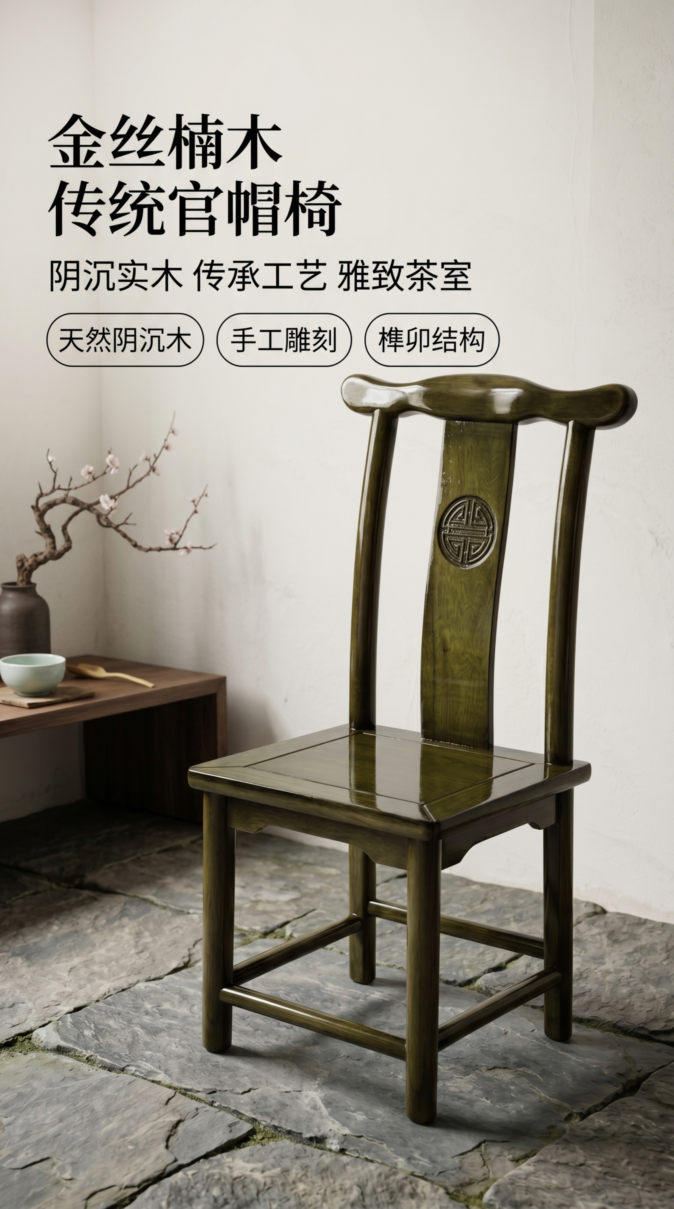 [第1屏] 金丝楠木官帽椅详情页头图，乌木色实木新中式餐椅。本… - 图片创意预览