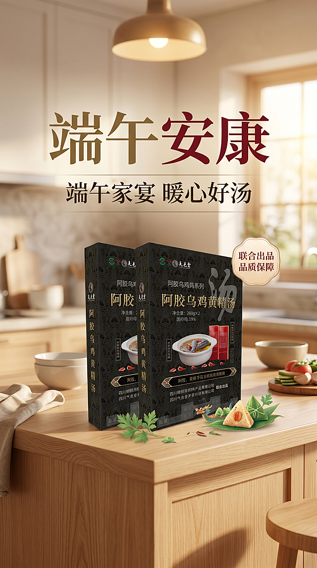 端午安康，阿胶乌鸡黄精汤，清新大气端午节主题海报，写实商业摄影风格，画面清新大气，加入端午节日祝福语，背景厨房暖光场景，浅木色整体，产品放置在岛台上，100%还原上传商品图的产品外形、包装、LOGO、印刷文字，以上传图为唯一商品主体来源，完整保留原图中的瓶型/盒型、轮廓、结构、比例、瓶盖、标签版式、品牌 logo、口味文字、容量信息、材质质感、颜色与正面朝向，包装、配色、产品结构、瓶身造型与标签布局均与上传图保持一致；主标题“端午安康”，副标题“端午家宴 暖心好汤”，卖点标签“联合出品，品质保障”，版式精美，分辨率4K