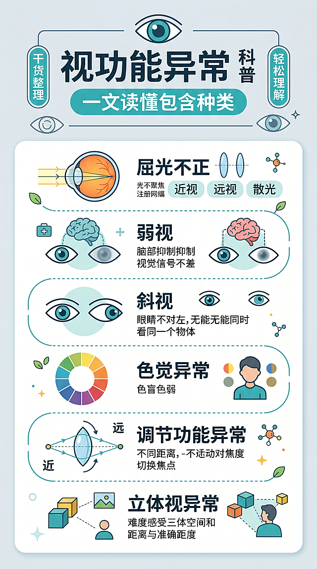 风格：专业医疗科普扁平风，整体配色柔和专业，采用浅灰蓝纯色背景，排版精美，主次分明；主标题"视功能异常 科普"居中突出，副标题"一文读懂包含种类"在主标题下方，两个卖点标签"干货整理""轻松理解"分布在两侧，添加简约眼球轮廓图形做装饰，文字清晰不遮挡主体，画面留白得当；画幅比例9:16，超高清4K分辨率