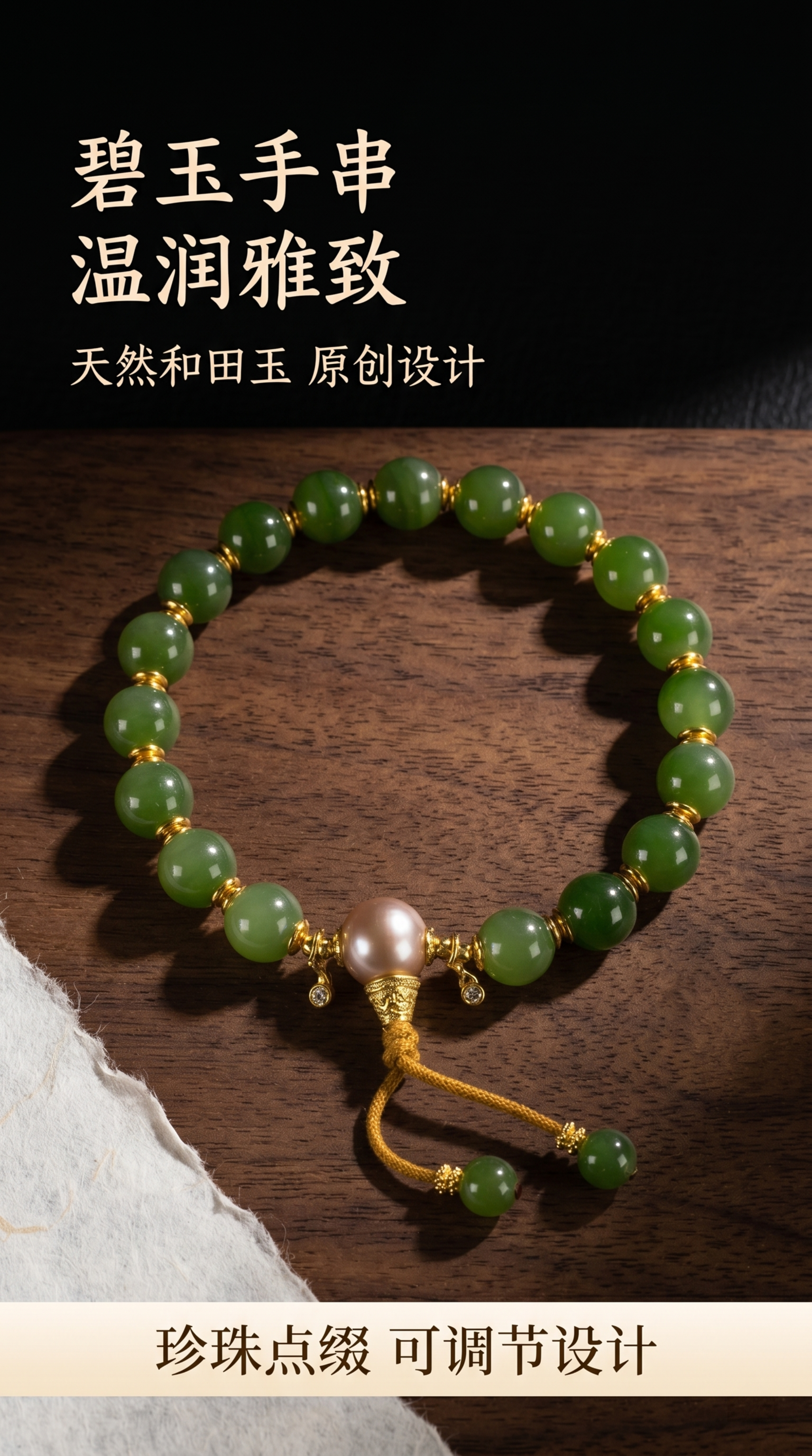 [第1屏] 详情页头图-和田碧玉珍珠菠菜绿手串氛围宣传，本屏使… - 图片创意预览