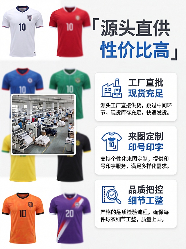 [第2屏] 核心卖点页-源头工厂直供优势展示。本屏使用全系列8款球衣缩略图做背景。[氛围/风格] 工业风实力展示，清晰可信，专业批发风格。[元素布局] 左侧工厂车间实景小图，右侧三栏卖点卡片，突出源头工厂优势，每件球衣颜色和外观与输入原图保持一致。[光影质感] 均匀布光，卡片文字清晰，背景虚化突出卖点。[配色色系] 全局底色 #f5f5f5，主色深灰文字，蓝色高亮卖点关键词。[视角构图] 左右分栏，左图右文，信息层级分明。[文字版式] 主标题「源头直供 性价比高」，三栏卖点分别为：1.工厂直批  现货充足；2.来图定制  印号印字；3.品质把控  细节工整。每个卖点配简约图标，文字大且清晰，适合手机阅读。[比例分辨率] 3:4 竖版，4K分辨率，高清画质。[负向提示词] 文字过小，排版错乱，产品变形，颜色偏差。