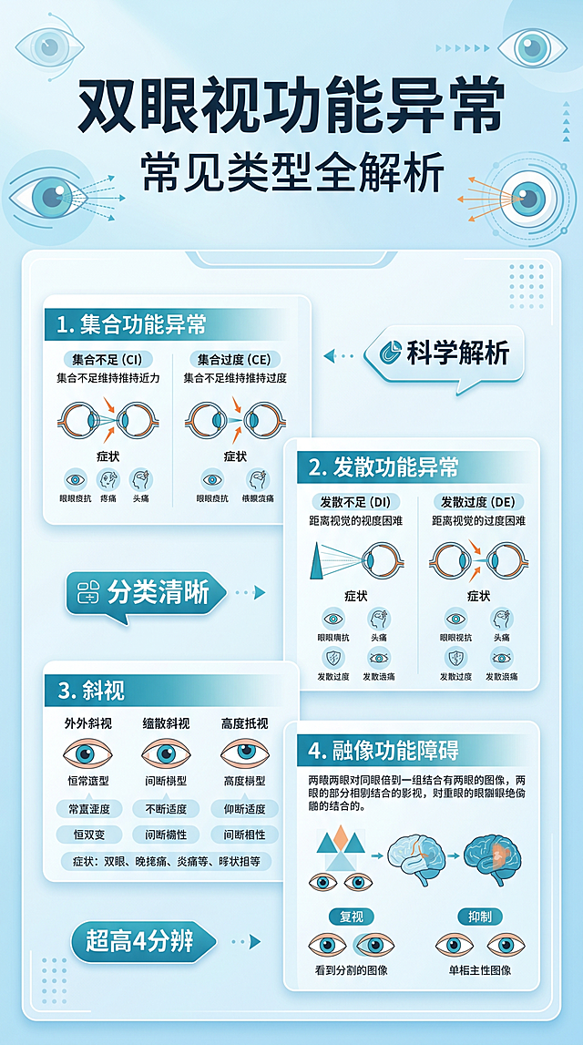 风格：专业医疗科普写实风，整体配色干净专业，采用浅蓝白渐变背景，排版精美，信息层级清晰；主标题"双眼视功能异常"居中放大，副标题"常见类型全解析"在主标题下方，两个卖点标签"科学解析""分类清晰"分布在画面负空间，添加简约眼科相关图形做装饰，画面保持清爽干净，文字清晰可读；画幅比例9:16，超高清4K分辨率