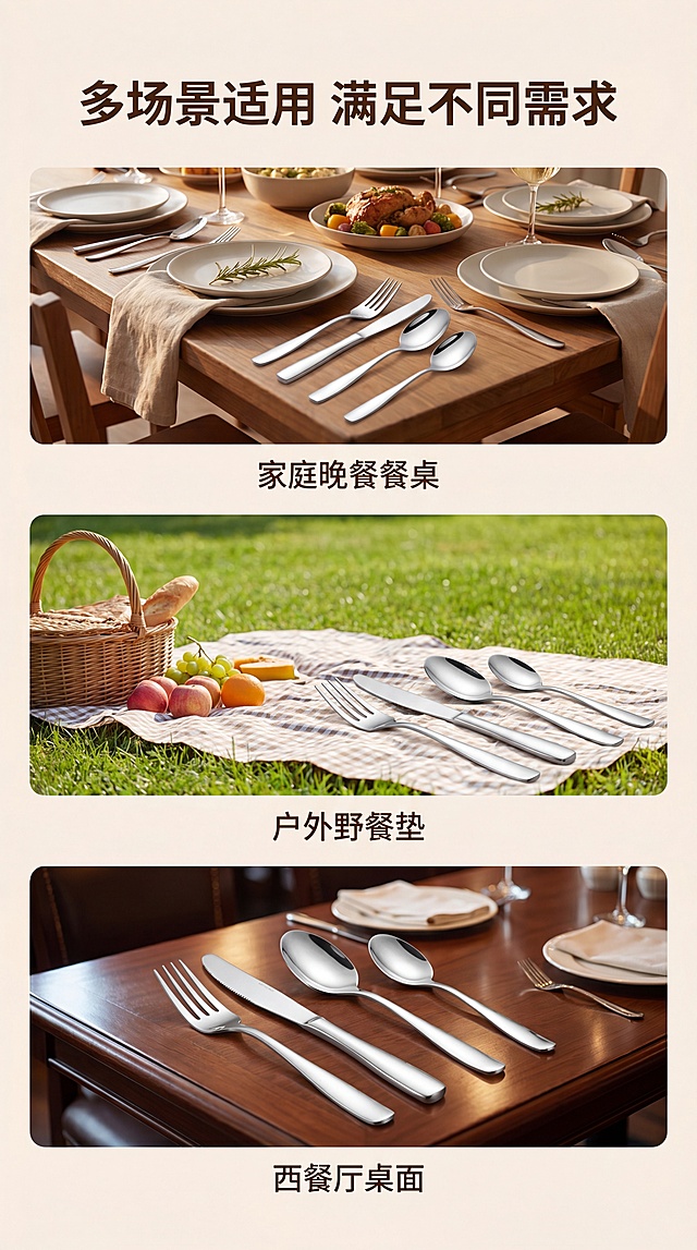 [第7屏] 多场景使用拼图，展示餐具在不同场景的应用。本屏使用银色款产品对应三个场景。
[氛围/风格] 清新拼接风，展示多场景适用性，丰富画面内容。
[元素布局] 采用三格上下拼接布局，分别展示：1. 家庭晚餐餐桌摆放场景，2. 户外野餐垫摆放场景，3. 西餐厅桌面展示场景，每格场景都放置银色餐具四件套，保持餐具结构颜色与原图一致，每格场景不同，排版均匀不拥挤。
[光影质感] 每个场景都匹配对应自然光照，整体明亮通透，产品清晰可见。
[配色色系] 整体背景用浅米色调统一，每个场景融入自身环境色，保持整体和谐。
[视角构图] 每个场景采用不同景别，有全景有中景，避免单调，拼接整齐，边界清晰。
[文字版式] 顶部大标题「多场景适用 满足不同需求」，每格场景下方标注场景名称，文字简洁清晰，不遮挡产品。
[比例分辨率] 9:16竖版比例，4K分辨率，文字清晰可辨，高清画质。
[负向提示词] 场景拼接错乱，产品变形，颜色偏差，文字遮挡产品，水印，背景杂乱