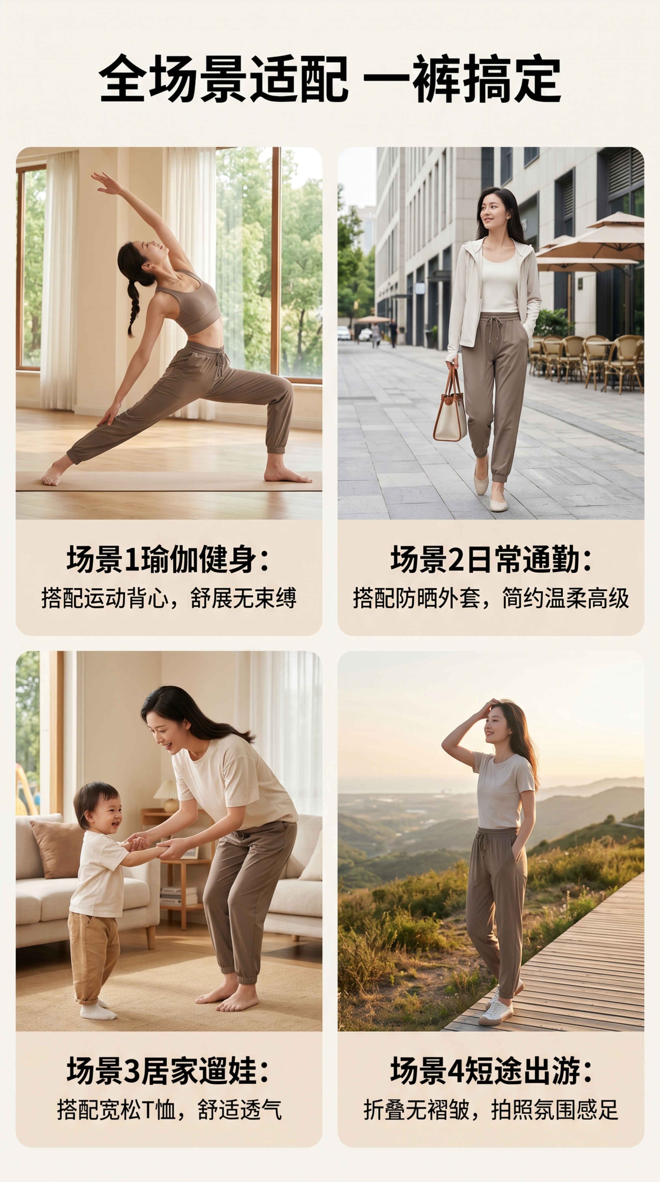 [第5屏] 多场景穿搭展示，四个场景分别展示裤子适配性，图文搭… - 图片创意预览