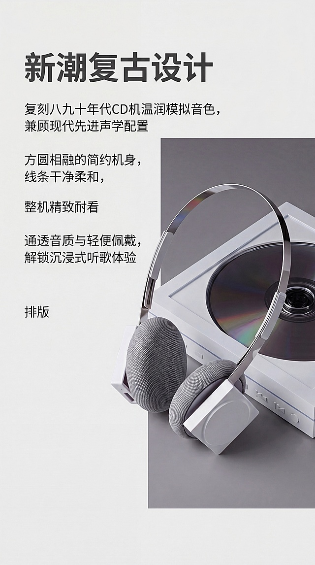 [第2屏] 设计理念页-HP1极简轻奢蓝牙降噪耳机复古设计解析。本屏使用【图3】作为商品展示图。
[氛围/风格] 简约高级，低饱和场景，留白透气，商业大片质感。
[元素布局] 左侧排版文字区域，右侧放置耳机搭配CD机场景图；耳机产品外观结构与参考图一致，突出方圆相融的简约机身和复古质感，背景为纯净深灰渐变，保留充足呼吸感。
[光影质感] 柔和侧光，产品边缘轮廓清晰，CD碟片保留微妙反光，整体影调高级沉静。
[配色色系] 全局底色 #E8E8E8；主色深灰文字；辅助色白色产品、银灰色金属件。
[视角构图] 右侧产品斜放构图，阅读动线从上到下左文右图。
[文字版式] 顶部大标题「新潮复古设计」，正文分三段：「复刻八九十年代CD机温润模拟音色，兼顾现代先进声学配置」「方圆相融的简约机身，线条干净柔和，整机精致耐看」「通透音质与轻便佩戴，解锁沉浸式听歌体验」，字体层级清晰，左对齐排版，文字不遮挡产品。
[比例分辨率] 9:16竖版比例，4K分辨率，文字清晰可辨，高清画质。
[负向提示词] 产品变形，文字重叠，颜色失真，背景杂乱，水印。
