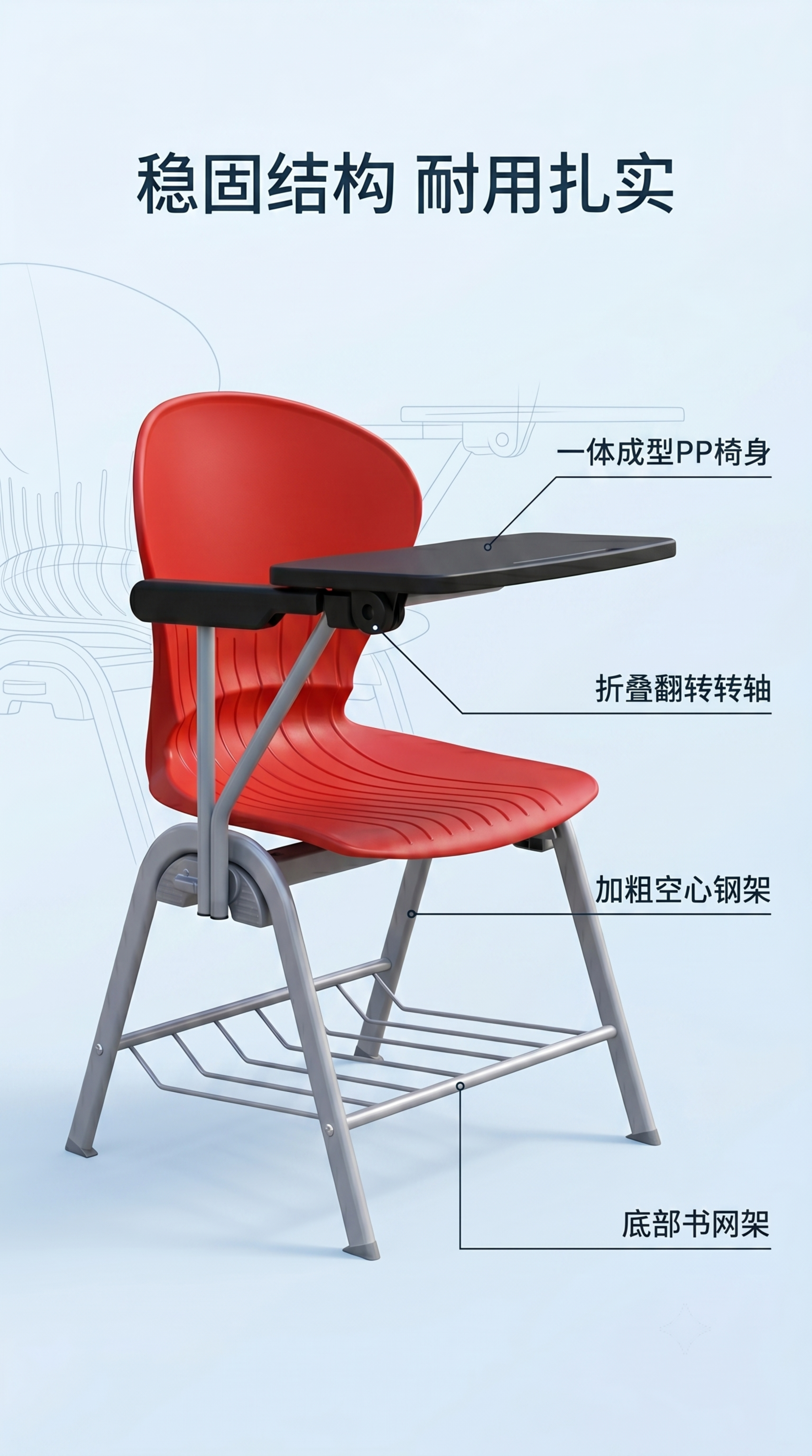 [第4屏] 核心结构解析页，展示本款培训椅钢架结构与一体成型椅… - 图片创意预览