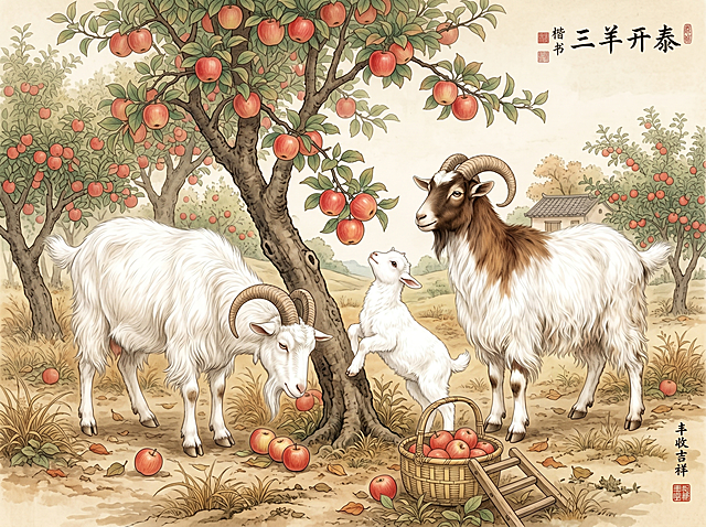 按照参考图的工笔画国风风格，重新创作三羊开泰图，羊的数量保持两大一小，故事场景是丰收苹果园，两只大羊站在苹果树下，小羊仰看挂着的苹果，姿态神情各不相同，氛围温馨清晰，适合日历插图
