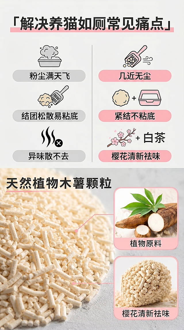 [第2屏] 痛点对比页-传统猫砂问题与樱花白茶猫砂解决对比。本屏使用【图2】猫砂颗粒作为主体展示。
[氛围/风格] 清晰直观对比风，浅灰调背景，清晰图文分区，干净商业排版。
[元素布局] 页面左右分栏，左栏展示传统猫砂痛点，右栏展示本产品优势；猫砂颗粒图放于页面下方展示产品本貌。对比区域图标+短句说明，一目了然。
[光影质感] 均匀柔和的无影布光，左右分区明暗一致，信息清晰易读。
[配色色系] 全局底色 #F5F5F5；主色樱花粉；辅助色深灰文字、浅粉标题栏；左栏痛点用浅灰标注，右栏优势用浅粉色标注区分。
[视角构图] 平面排版式构图，左右对称对比，信息层级清晰。
[文字版式] 顶部大标题「解决养猫如厕常见痛点」，左右分区：左区痛点「粉尘满天飞/结团松散易粘底/异味散不去」，右区优势「几近无尘/紧结不粘底/樱花清新祛味」，文字清晰，分区明确。
[比例分辨率] 9:16 竖版比例，4K分辨率，文字清晰可辨，高清画质。
[负向提示词] 文字过小，排版混乱，颜色混杂，产品变形，对比分区不清晰。