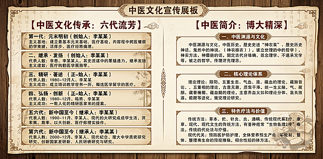 重新设计一块2.4m * 1.2m的中医文化宣传展板，左右分栏排版，左栏为传承部分六代内容，右栏为简介部分三个板块。要求版面简洁，以文字内容为主，减少图片使用，保留年代感和中医传统文化风格，内容突出清晰易读。