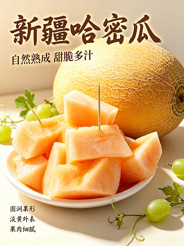 [第1屏] 详情页头图-新疆哈密瓜产地直采宣传。本屏使用【图3】作为商品主体。
[氛围/风格] 清新自然生鲜海报风，暖黄阳光色调，商业摄影质感，突出食欲感。
[元素布局] 完整哈密瓜和切块果肉置于画面中下区域，占比约70%；左上预留主标题区，背景使用浅米黄色渐变衬底；点缀少量新鲜青提作为装饰，保持哈密瓜外形轮廓、纹理颜色与输入产品图完全一致。
[光影质感] 上方柔和自然光照射，产品下方自然投影，果肉纹理保留清晰高光，整体明亮通透，突出果肉水润光泽。
[配色色系] 全局底色 #FFF9E8；主色暖黄果肉色；辅助色绿色装饰、深棕色标题。
[视角构图] 正面平视，产品为视觉中心，阅读动线左上标题→中下产品→底部信息。
[文字版式] 版式为左上标题+中下产品+底部信息条。主标题「新疆哈密瓜」，副标题「自然熟成 甜脆多汁」，书法风格字体左对齐；底部卖点信息「圆润果形 淡黄外表 果肉细腻」，分三行排列，文字不遮挡主体果肉。
[比例分辨率] 3:4竖版比例，4K分辨率，文字清晰可辨，高清画质。
[负向提示词] 瓜身变形，缺件错件，颜色偏差，水印，文字错乱，产品图模糊，文字过小。